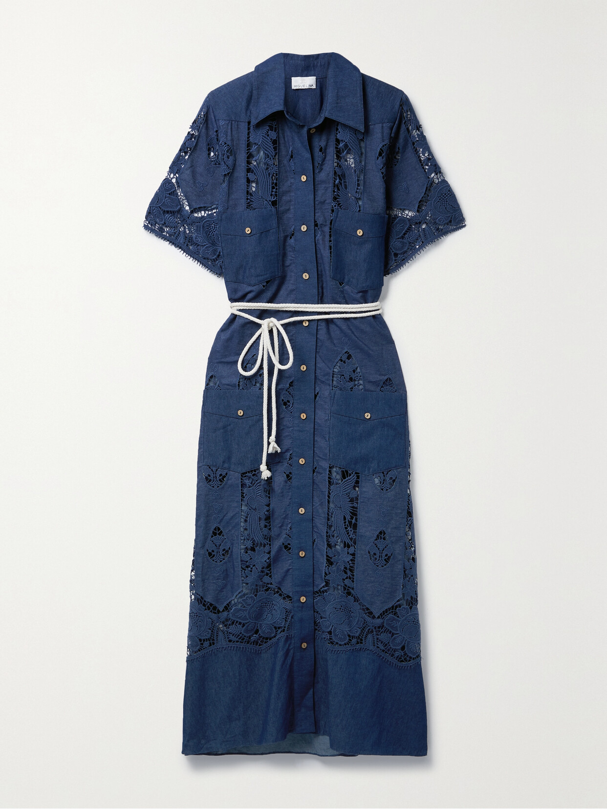 Miguelina Berly Belted Corded-lace And Cotton-chambray Midi Dress In Blue