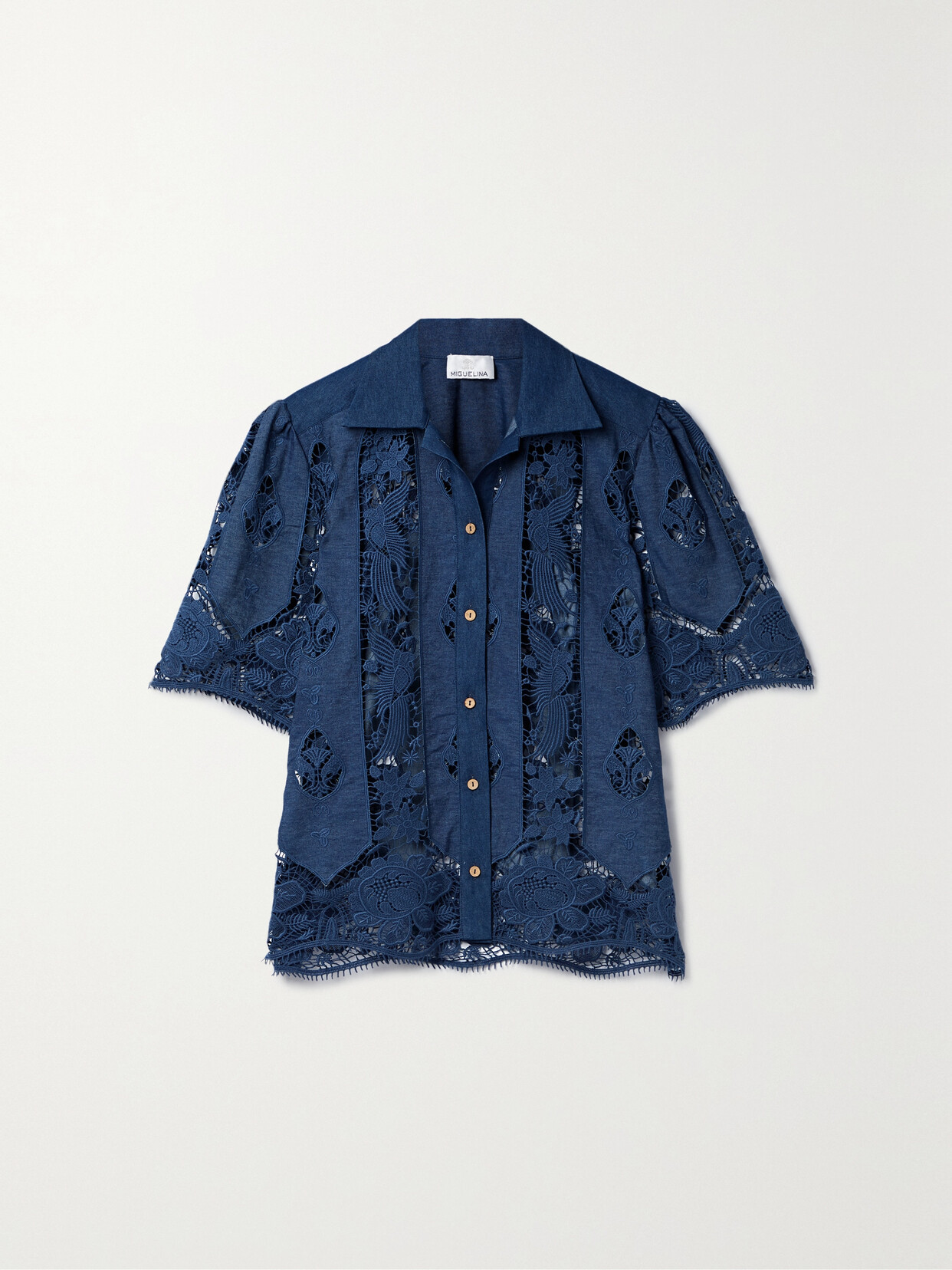 Miguelina Constance Corded Lace-paneled Cotton-chambray Shirt In Blue