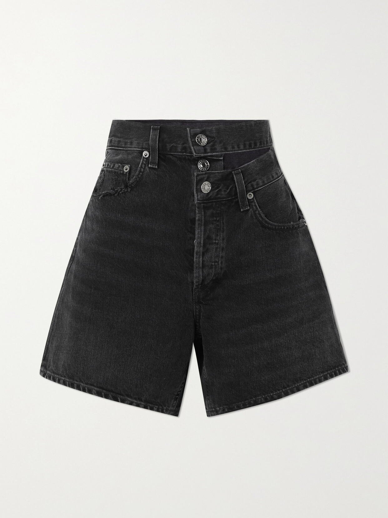 Shop Agolde + Net Sustain Broken Waistband Cutout Distressed Organic Denim Shorts In Black