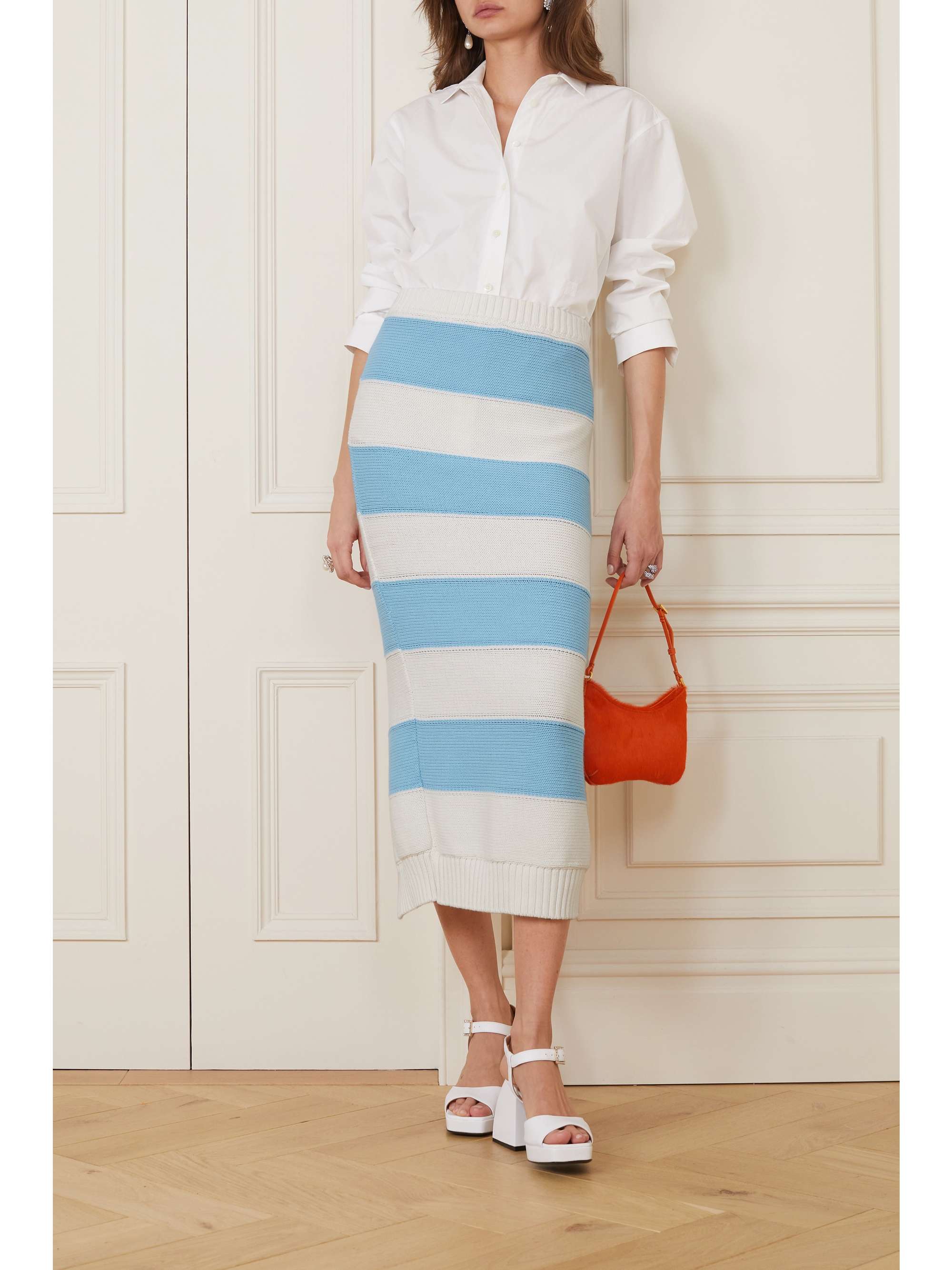 ROWEN ROSE Striped cotton midi skirt