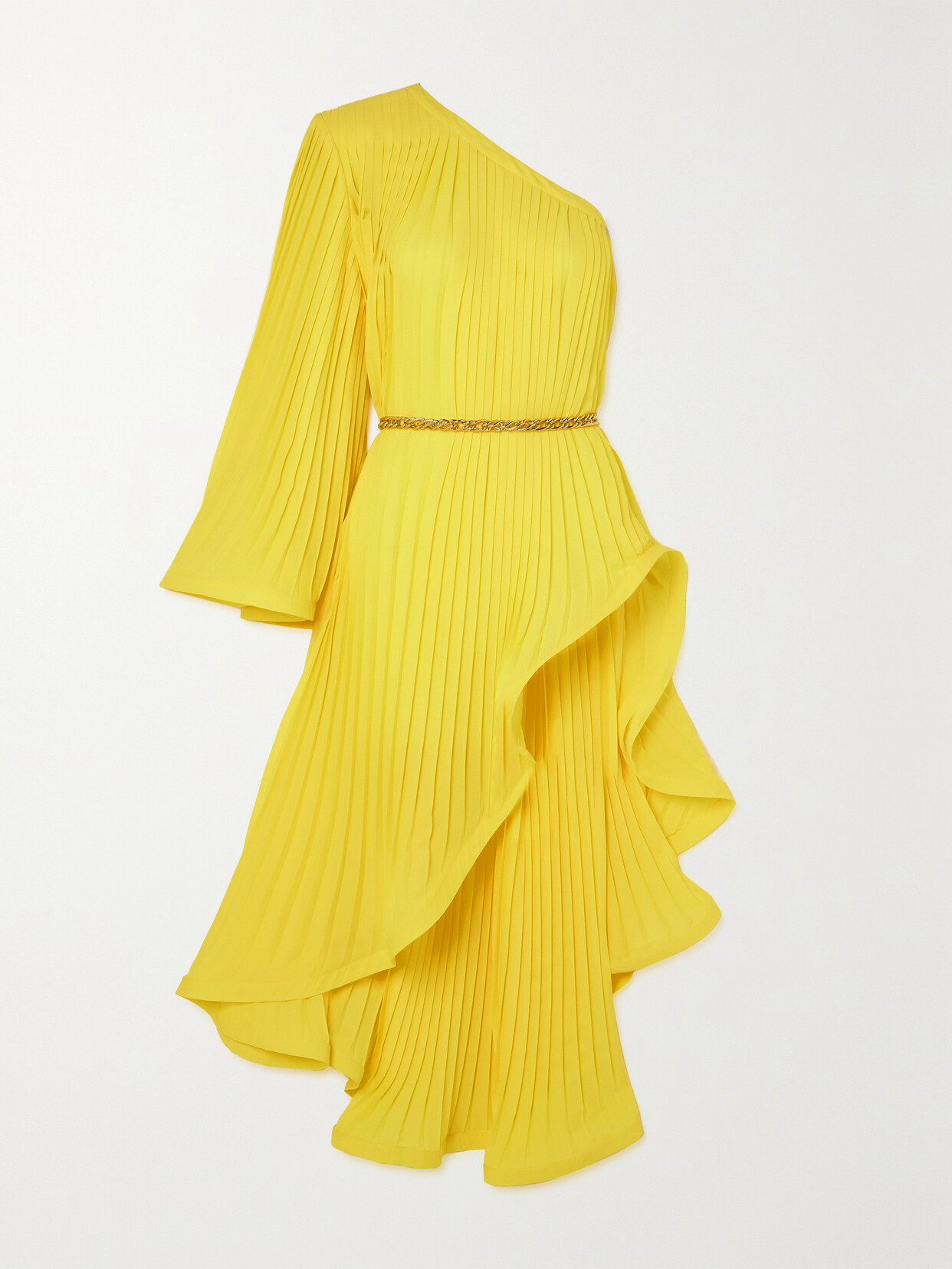 Rowen Rose One-shoulder Belted Pleated Recycled-georgette Midi Dress - Yellow