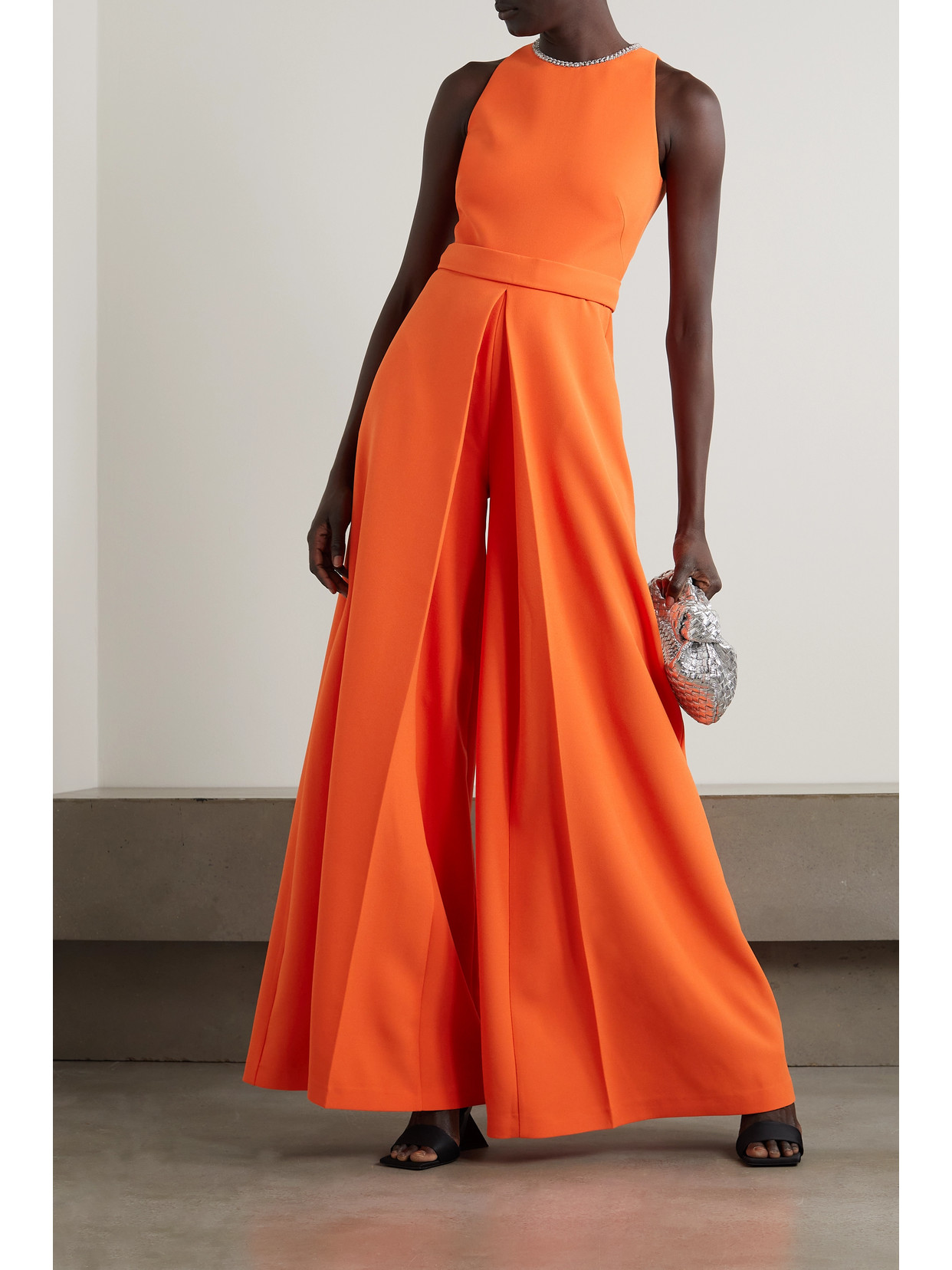 Safiyaa Eula Embellished Pleated Crepe Jumpsuit In Orange