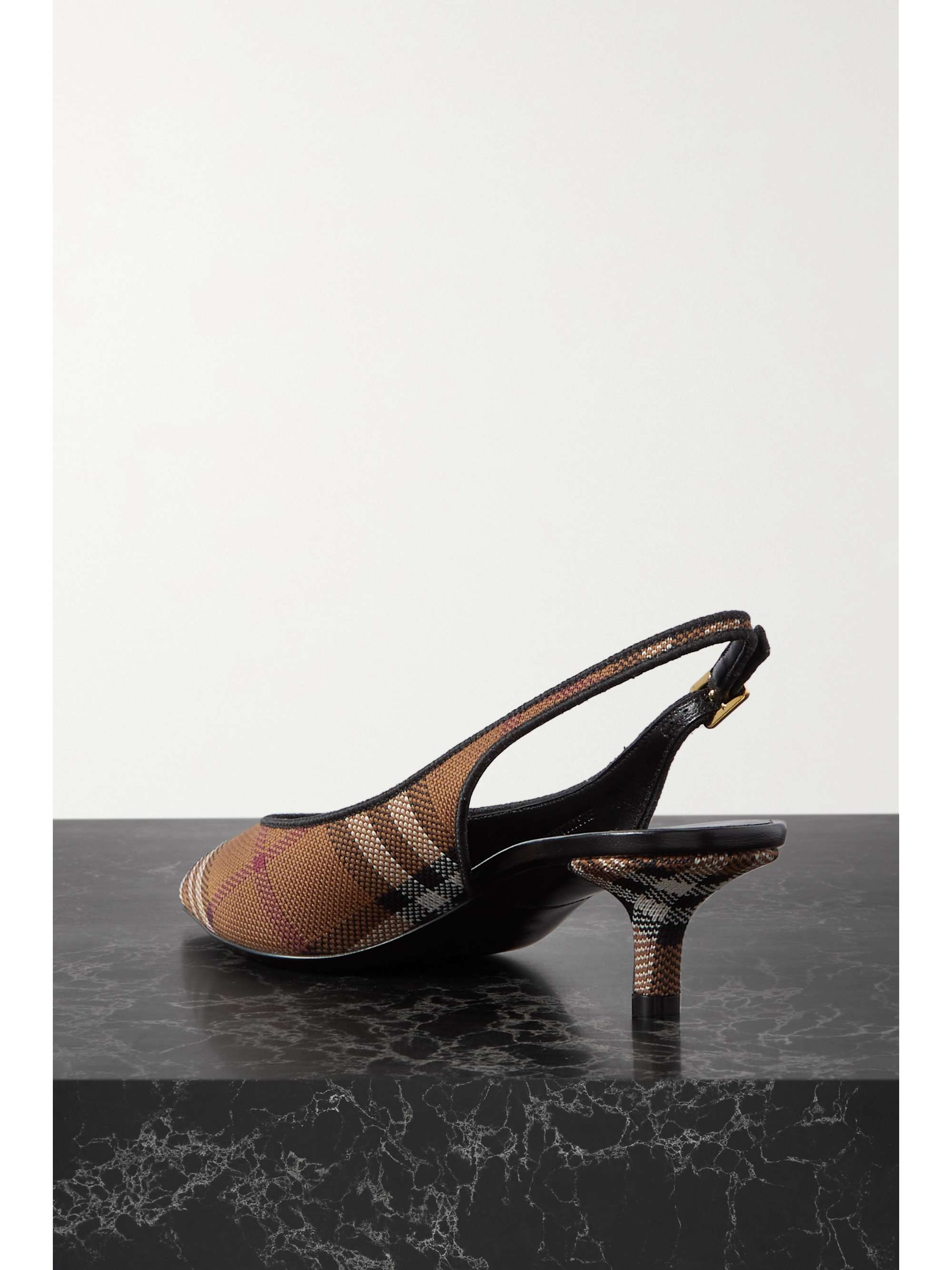 BURBERRY Leather-trimmed checked canvas slingback pumps