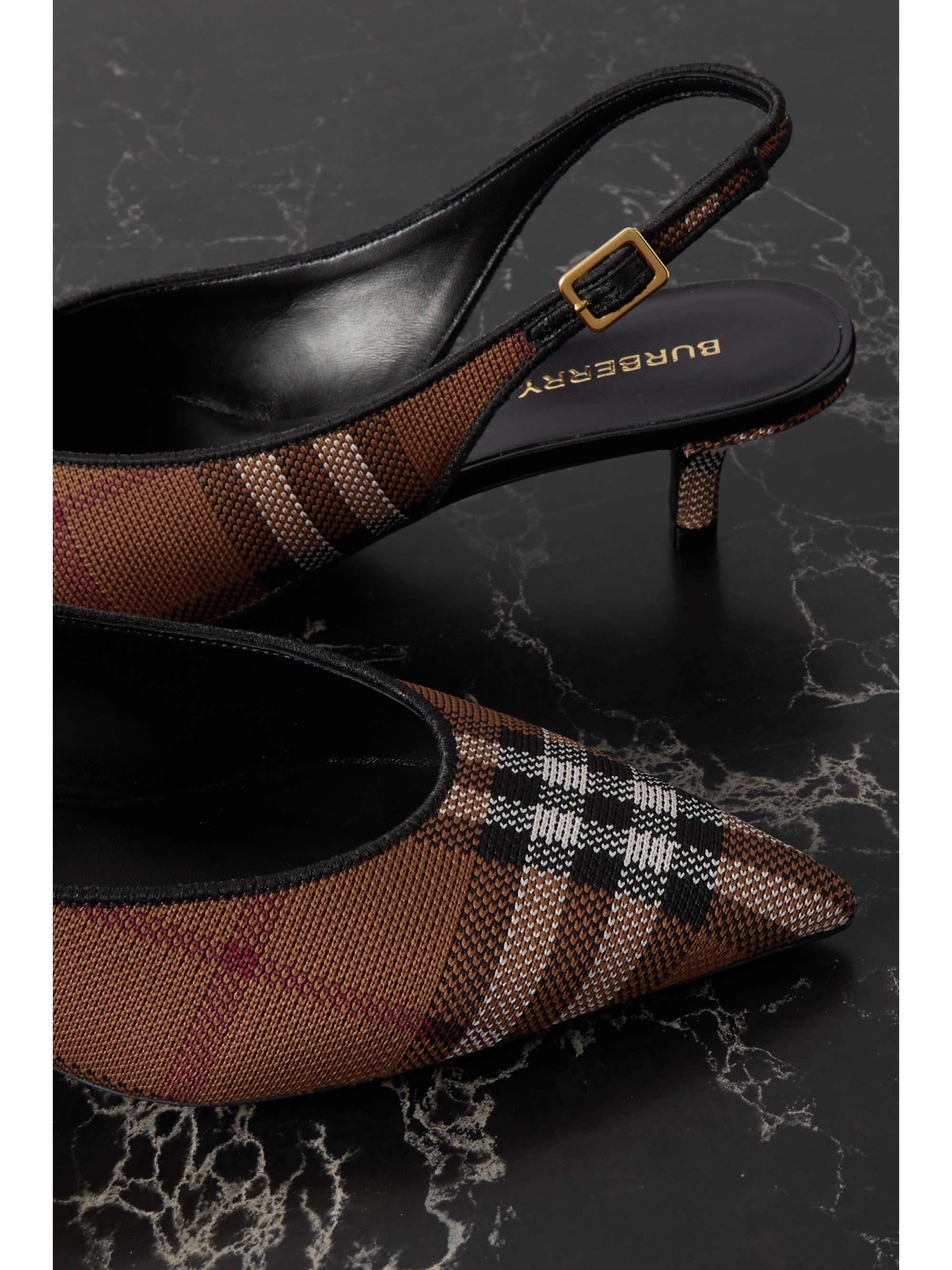 BURBERRY Leather-trimmed checked canvas slingback pumps