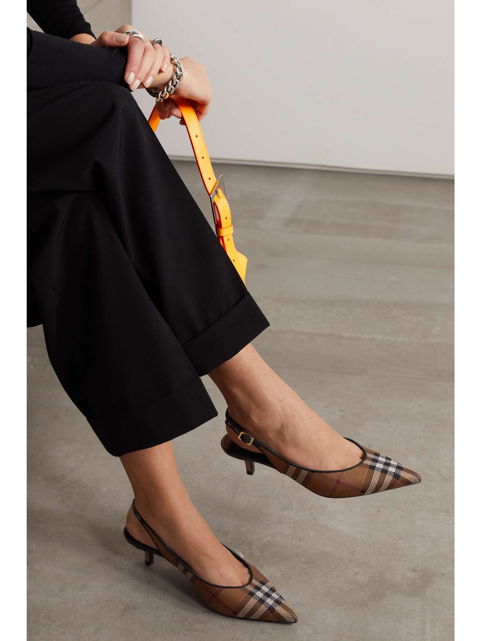 BURBERRY Leather-trimmed checked canvas slingback pumps