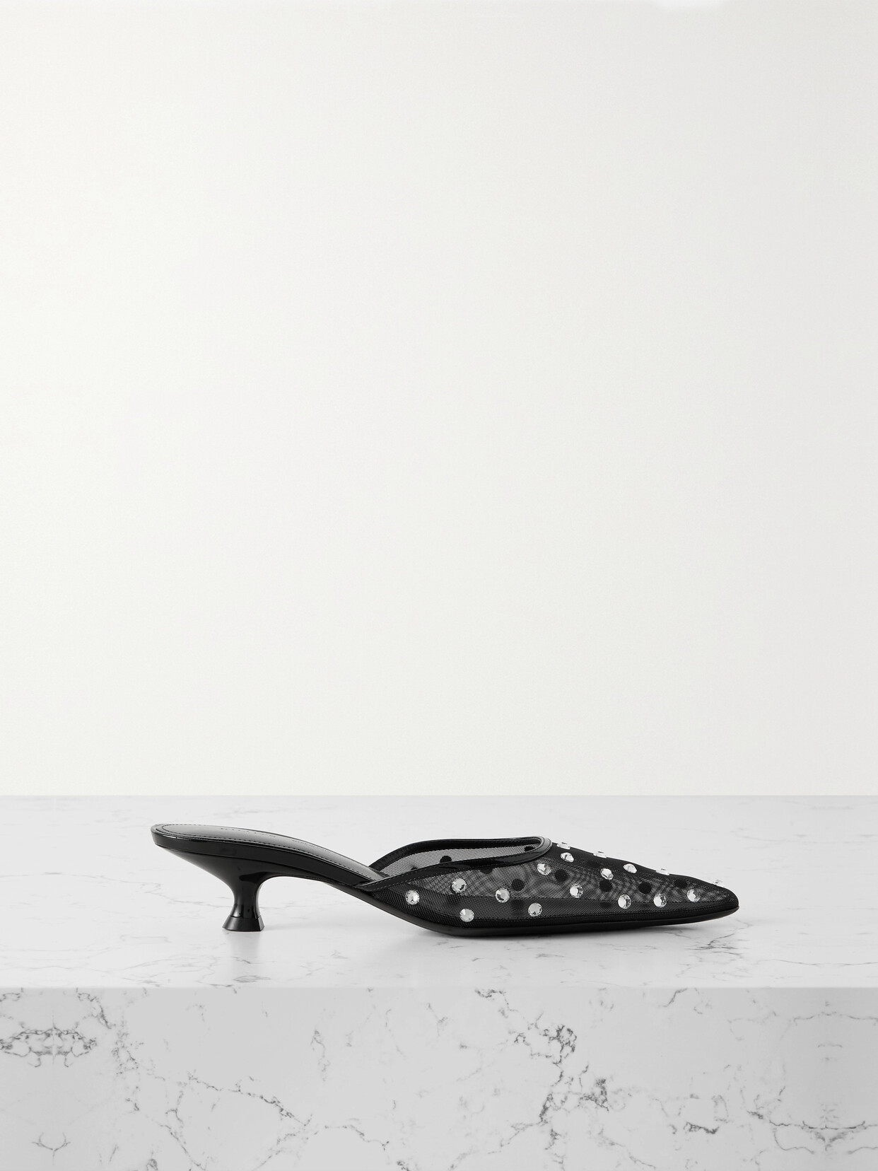 Khaite Minna Patent Leather-trimmed Crystal-embellished Tulle Mules In Black
