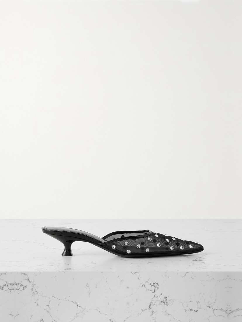 Khaite Minna Patent Leather-trimmed Crystal-embellished Tulle Mules