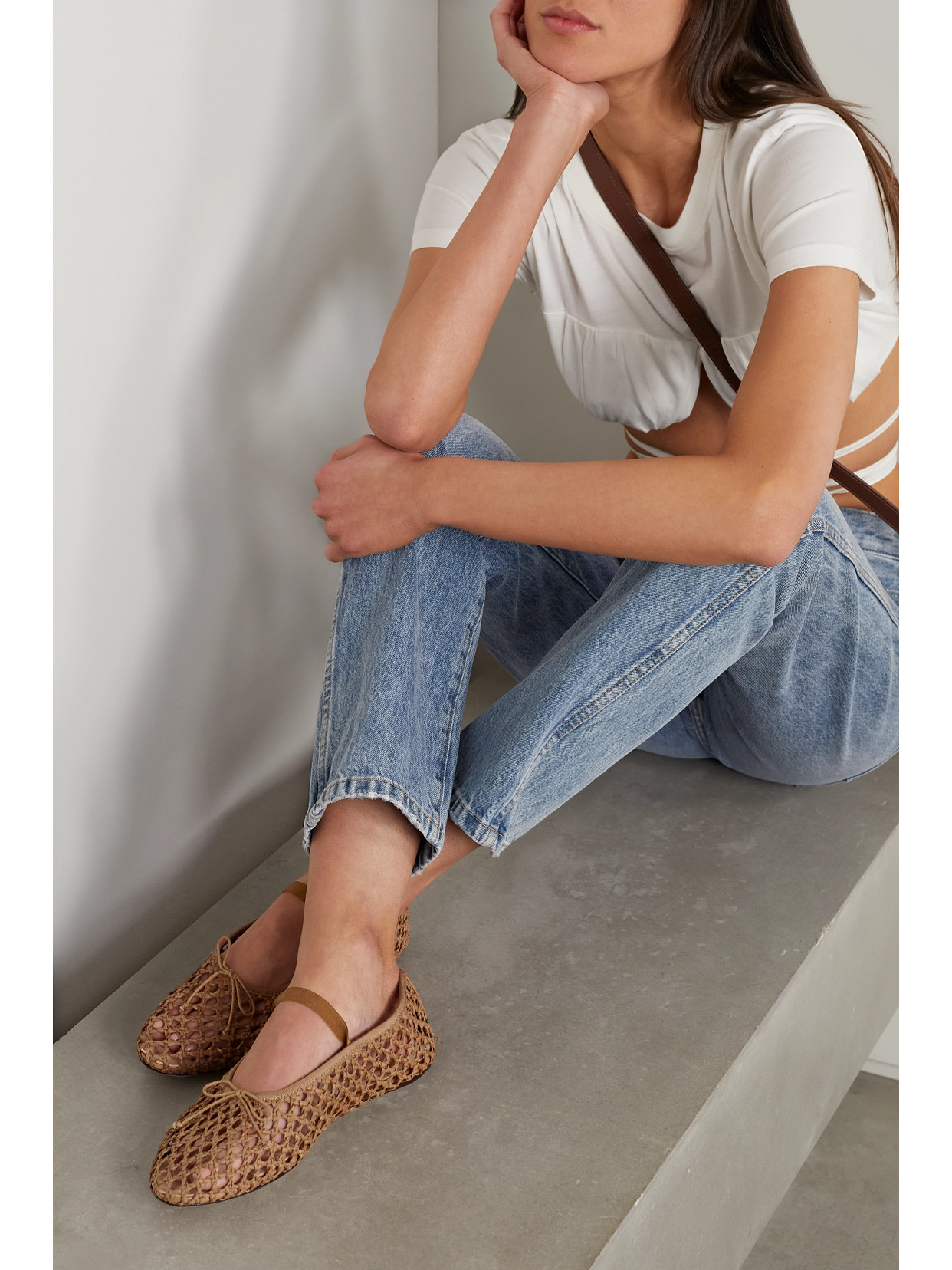 Loeffler Randall Leonie Grosgrain-trimmed Raffia Mary Jane Ballet Flats In Brown