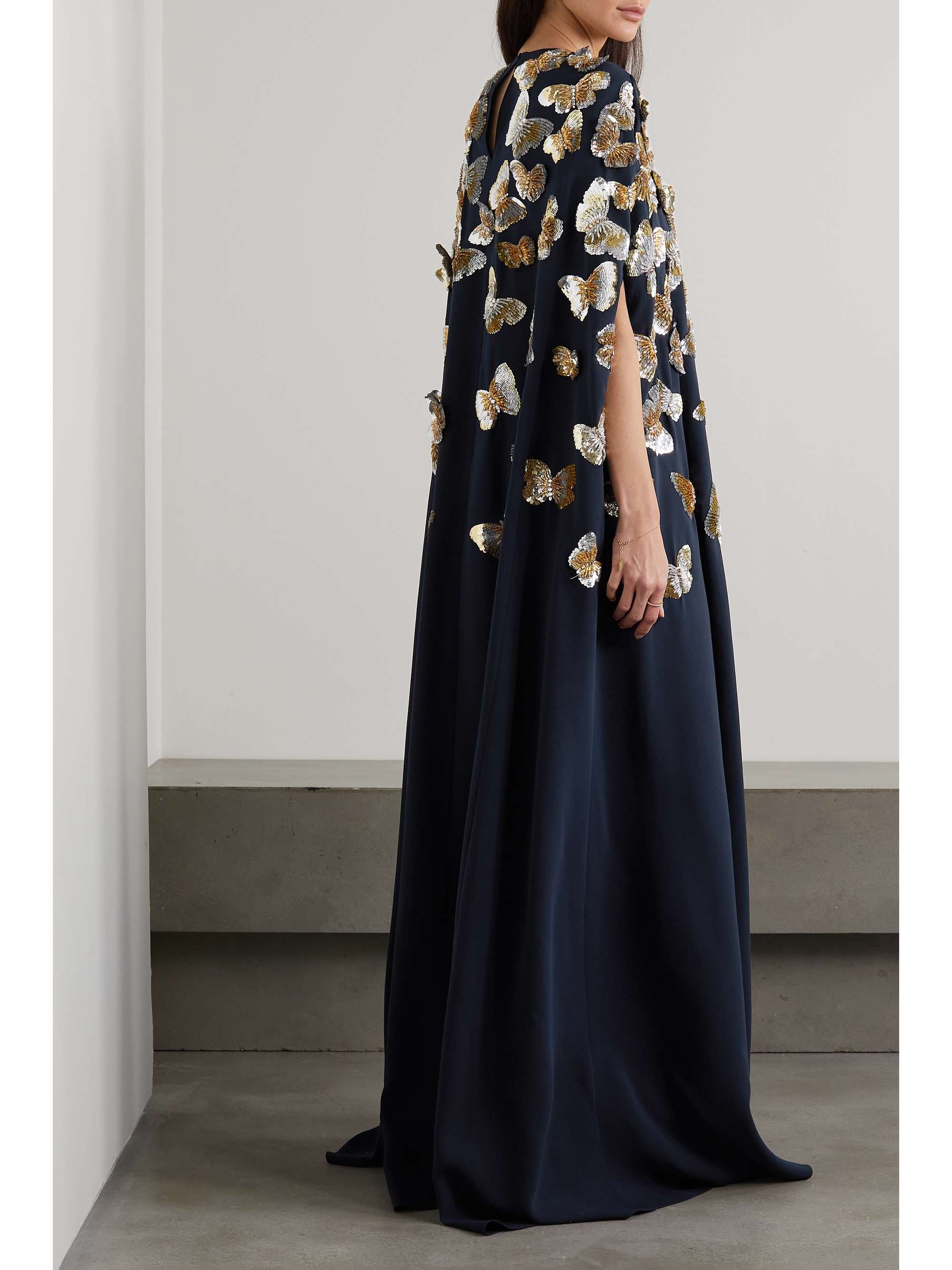OSCAR DE LA RENTA Appliquéd cape-effect silk-georgette kaftan