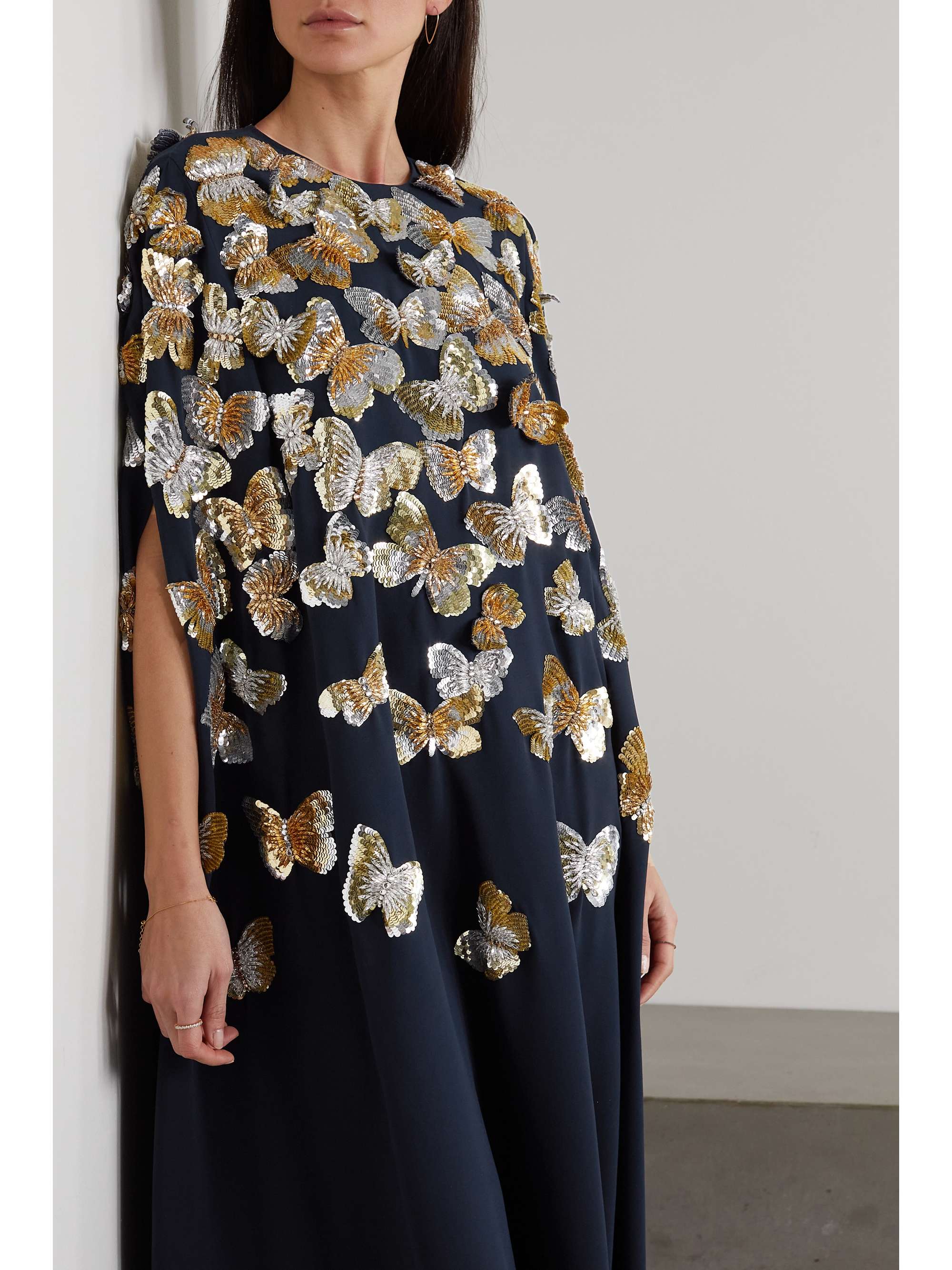OSCAR DE LA RENTA Appliquéd cape-effect silk-georgette kaftan