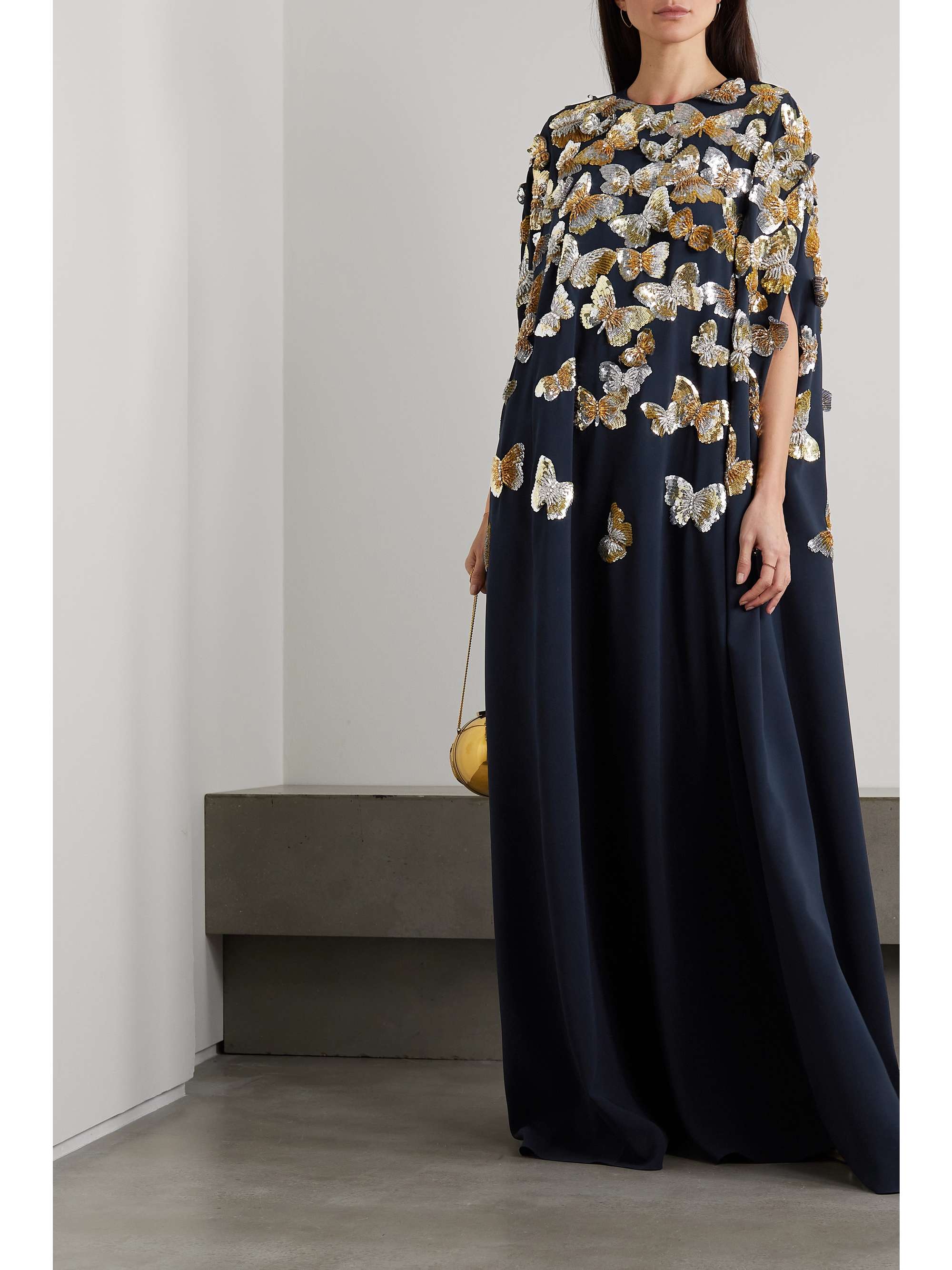 OSCAR DE LA RENTA Appliquéd cape-effect silk-georgette kaftan