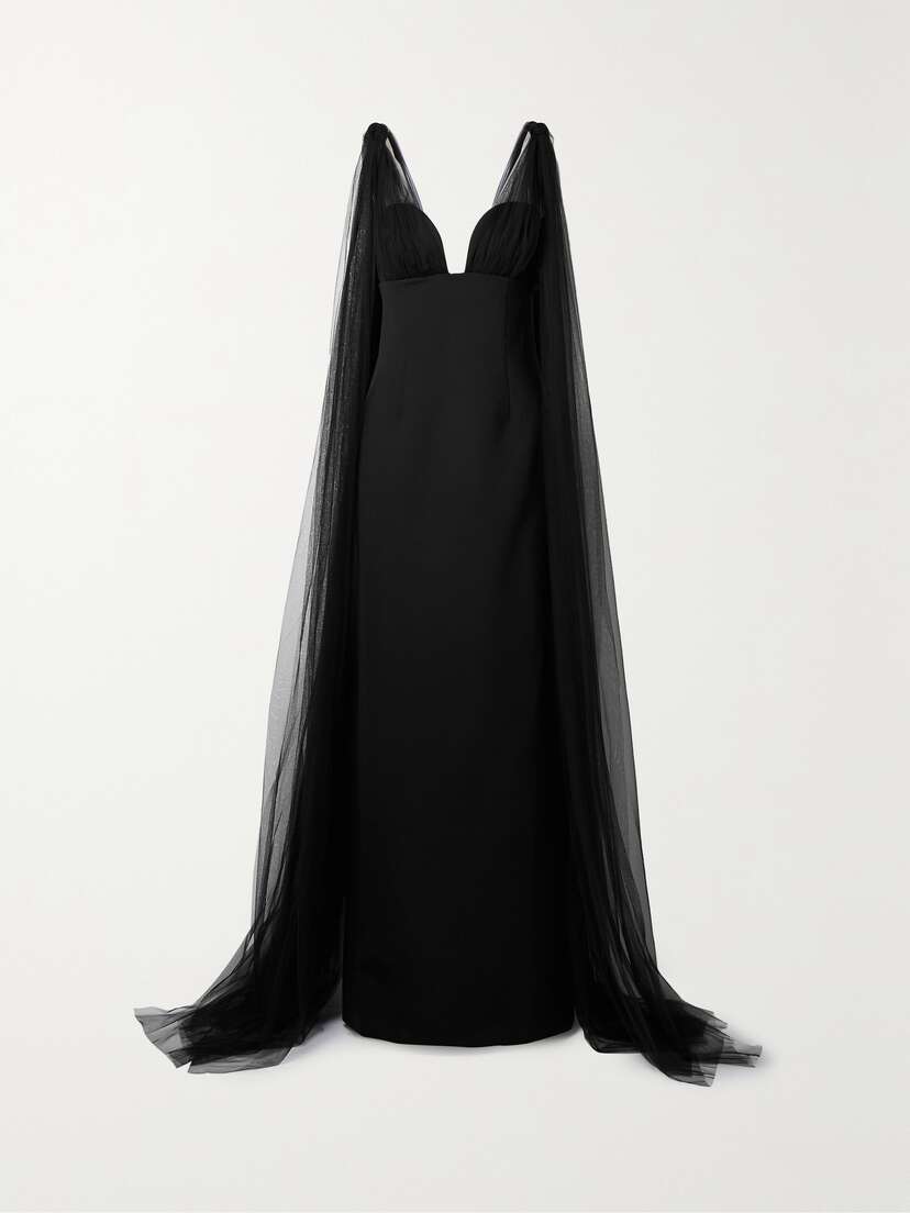 Oscar de la Renta Cape-effect Tulle And Wool-blend Gown