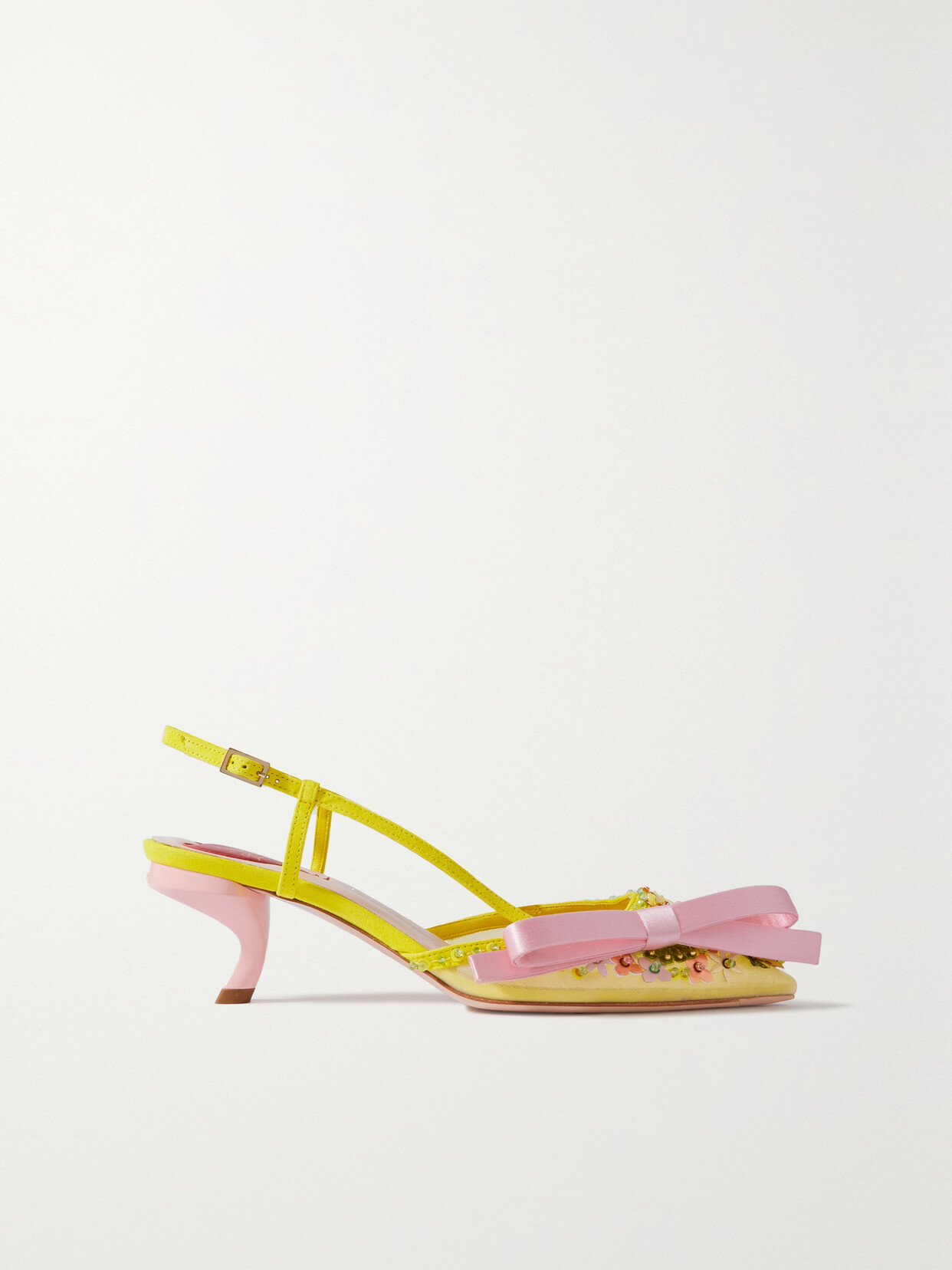 Roger Vivier - Virgule Flower Bow Embellished Tulle And Suede Slingback Pumps - Yellow