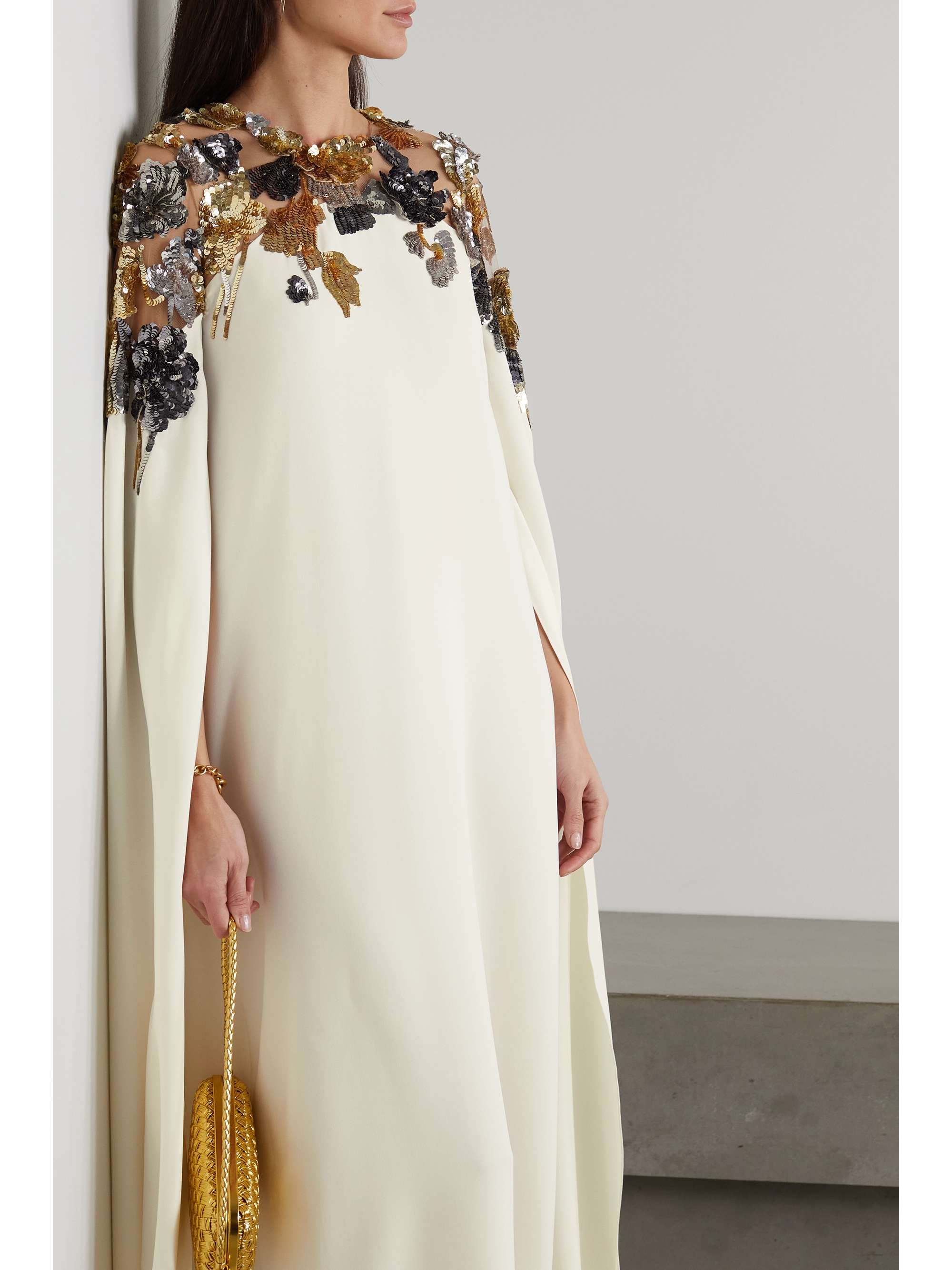 OSCAR DE LA RENTA Embellished cape-effect tulle-trimmed silk kaftan
