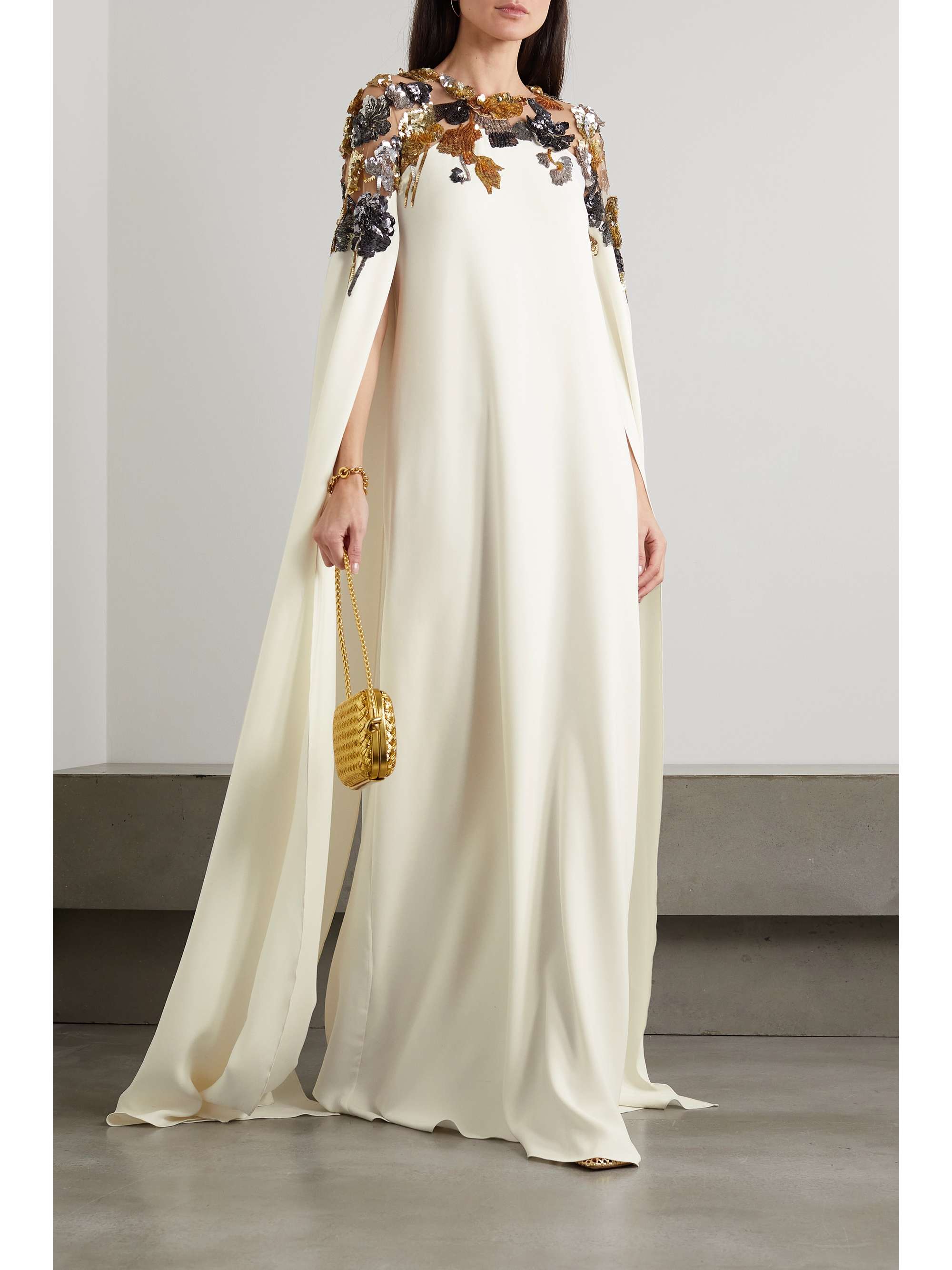 OSCAR DE LA RENTA Embellished cape-effect tulle-trimmed silk kaftan