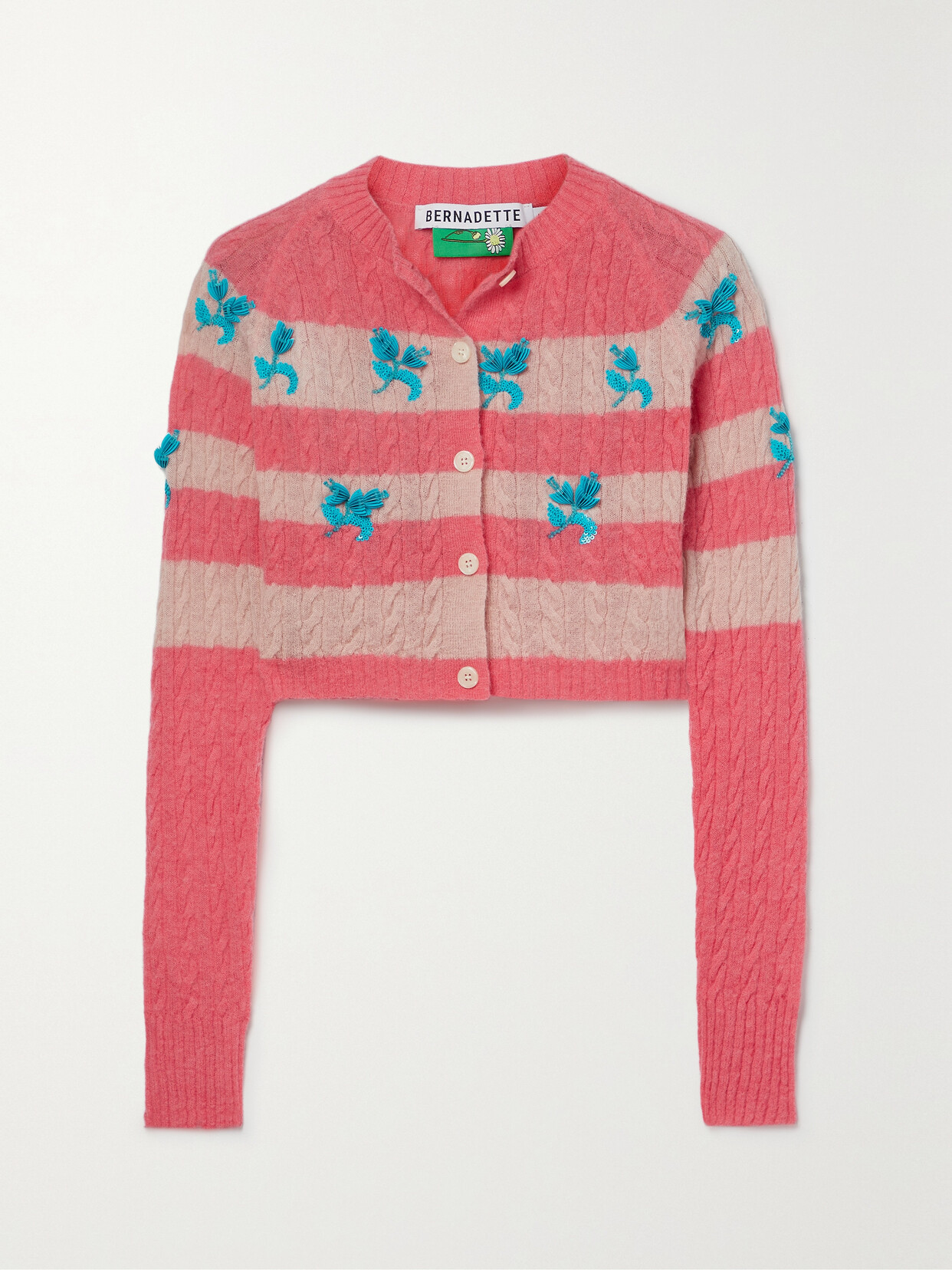 BERNADETTE Lily Cropped Embellished Striped Cable-knit Alpaca-blend Cardigan - Pink