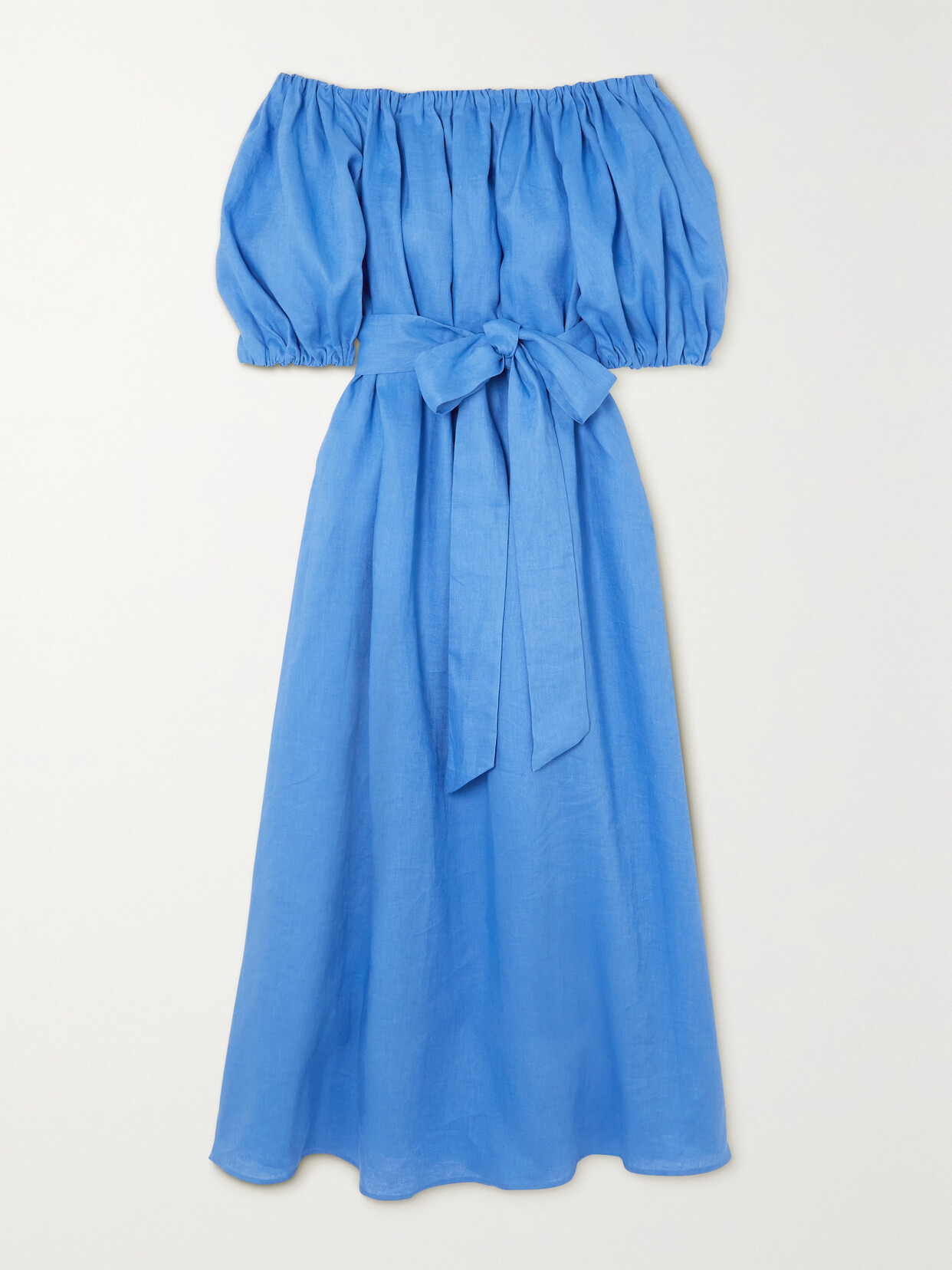 BERNADETTE - Zaza Belted Off-the-shoulder Linen Maxi Dress - Blue