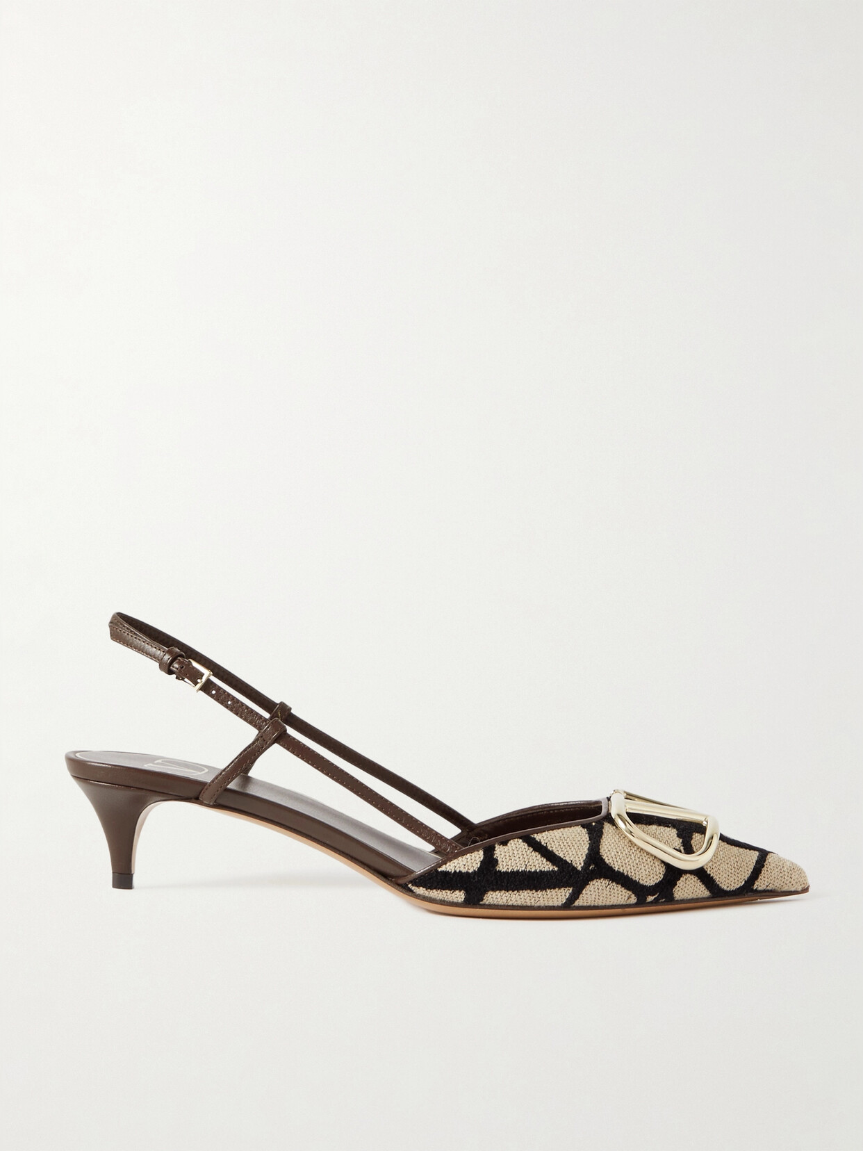 Valentino Garavani - Valentino Garavani Vlogo 40 Embellished Leather-trimmed Flocked Canvas Slingback Pumps - Neutrals