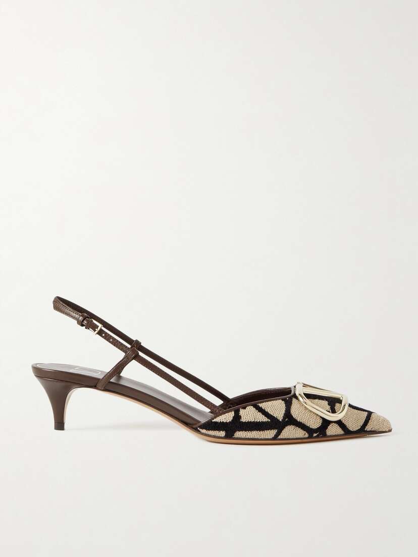Valentino Garavani Vlogo 40 Embellished Leather-trimmed Flocked Canvas Slingback Pumps