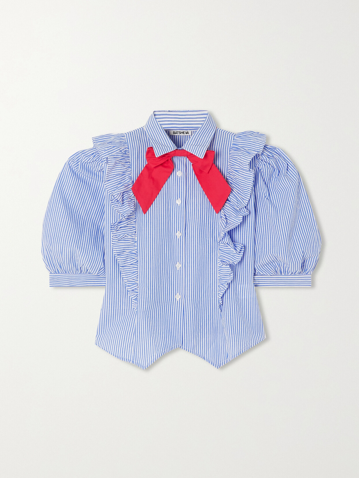 Batsheva - Moon Tie-detailed Ruffled Striped Cotton-poplin Blouse - Blue