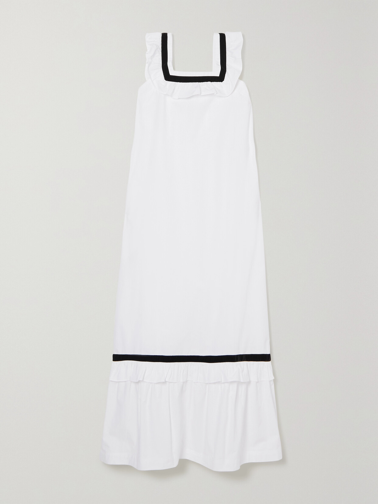 Batsheva Yeva Ruffled Tiered Velvet-trimmed Cotton-poplin Midi Dress - White