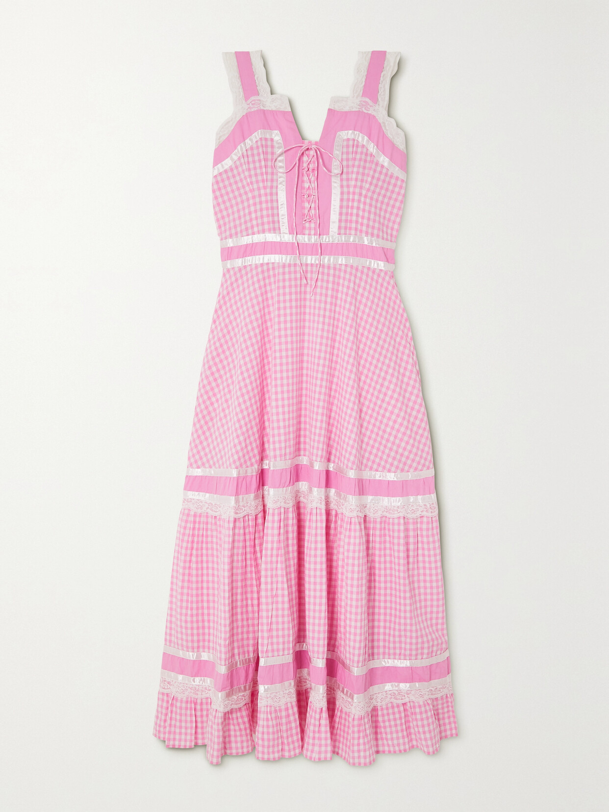 Batsheva Meadow Tiered Satin And Lace-trimmed Gingham Cotton-poplin Maxi Dress In Pink