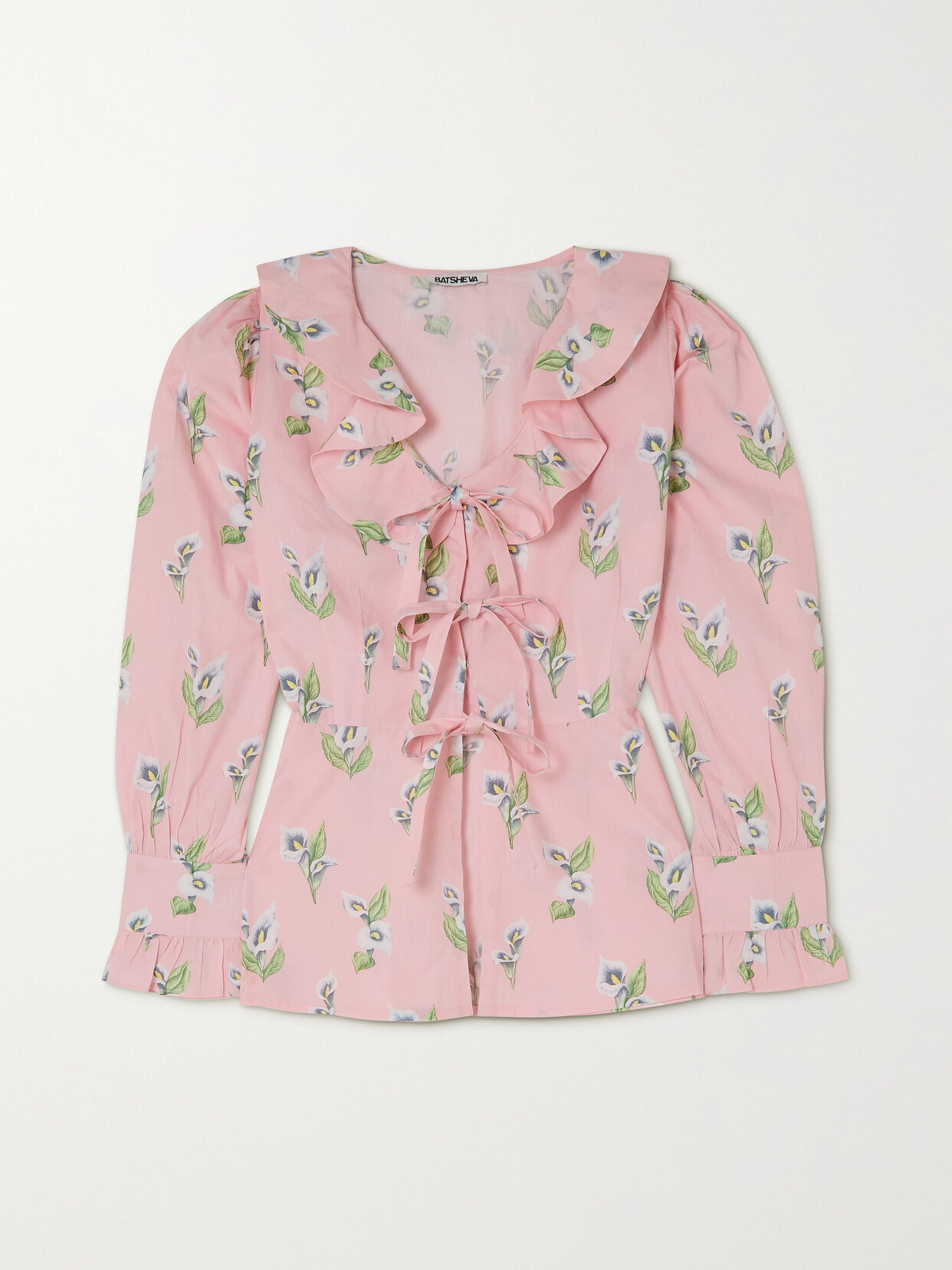 Batsheva Nia Tie-front Ruffled Floral-print Cotton-poplin Blouse In Pink