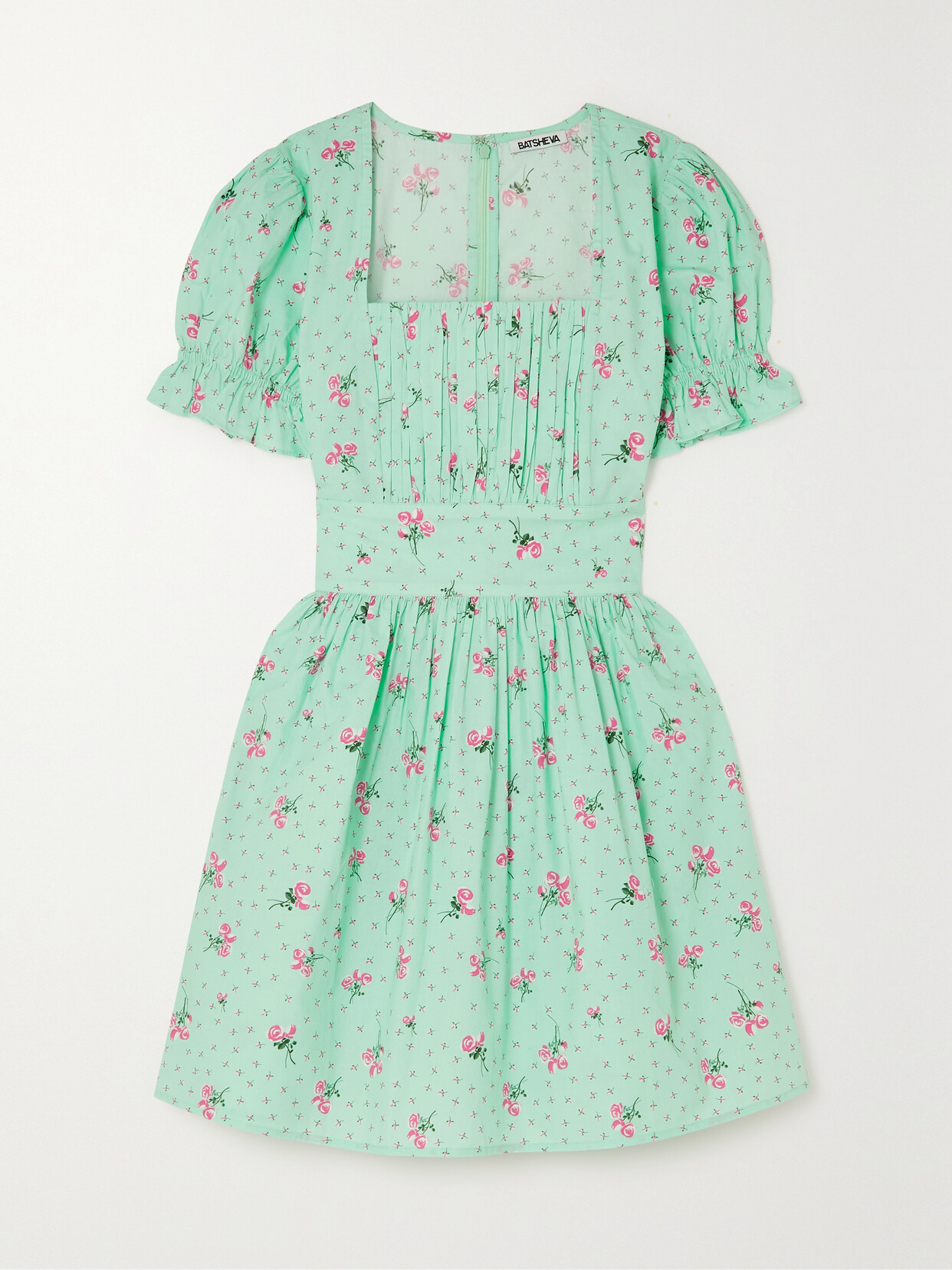 Batsheva Popham Pintucked Floral-print Cotton-poplin Mini Dress In Green