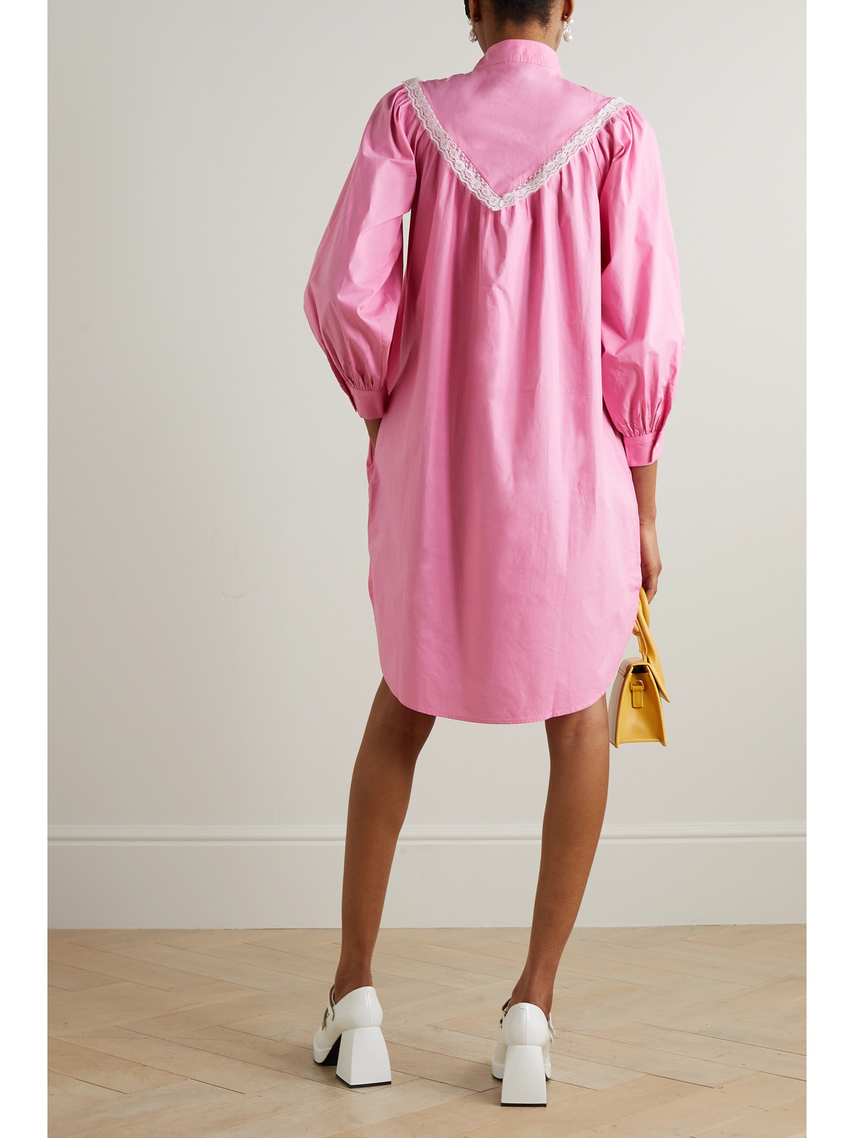 Batsheva Landry Lace-trimmed Pintucked Embroidered Cotton-poplin Mini Dress In Pink