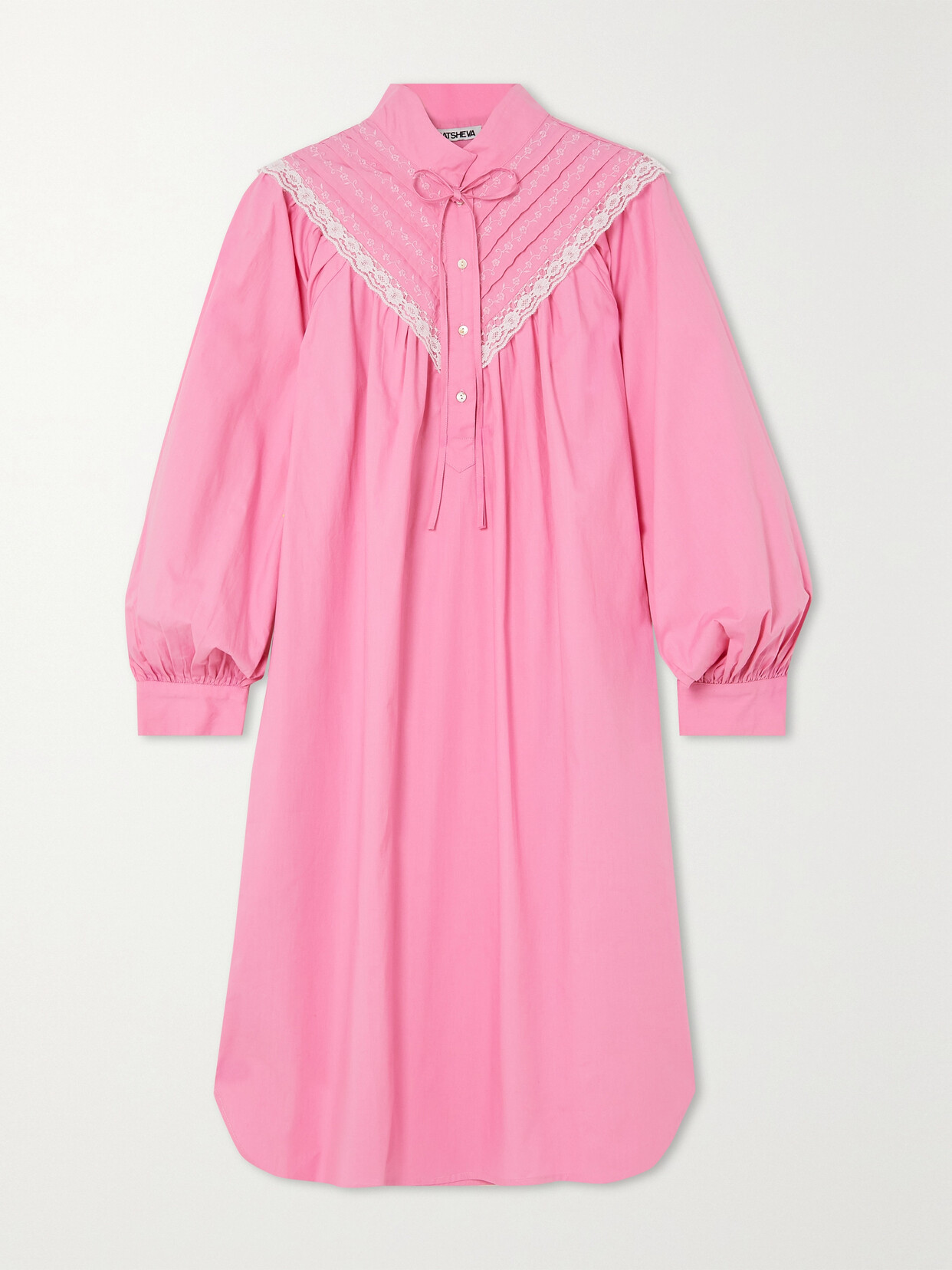 Batsheva Landry Lace-trimmed Pintucked Embroidered Cotton-poplin Mini Dress In Pink