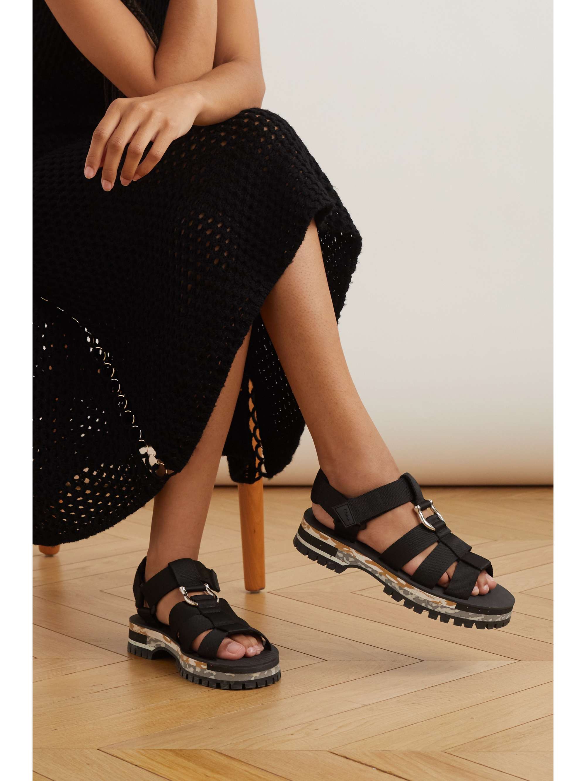 CHLOÉ + NET SUSTAIN Nikie embellished webbing flatform sandals