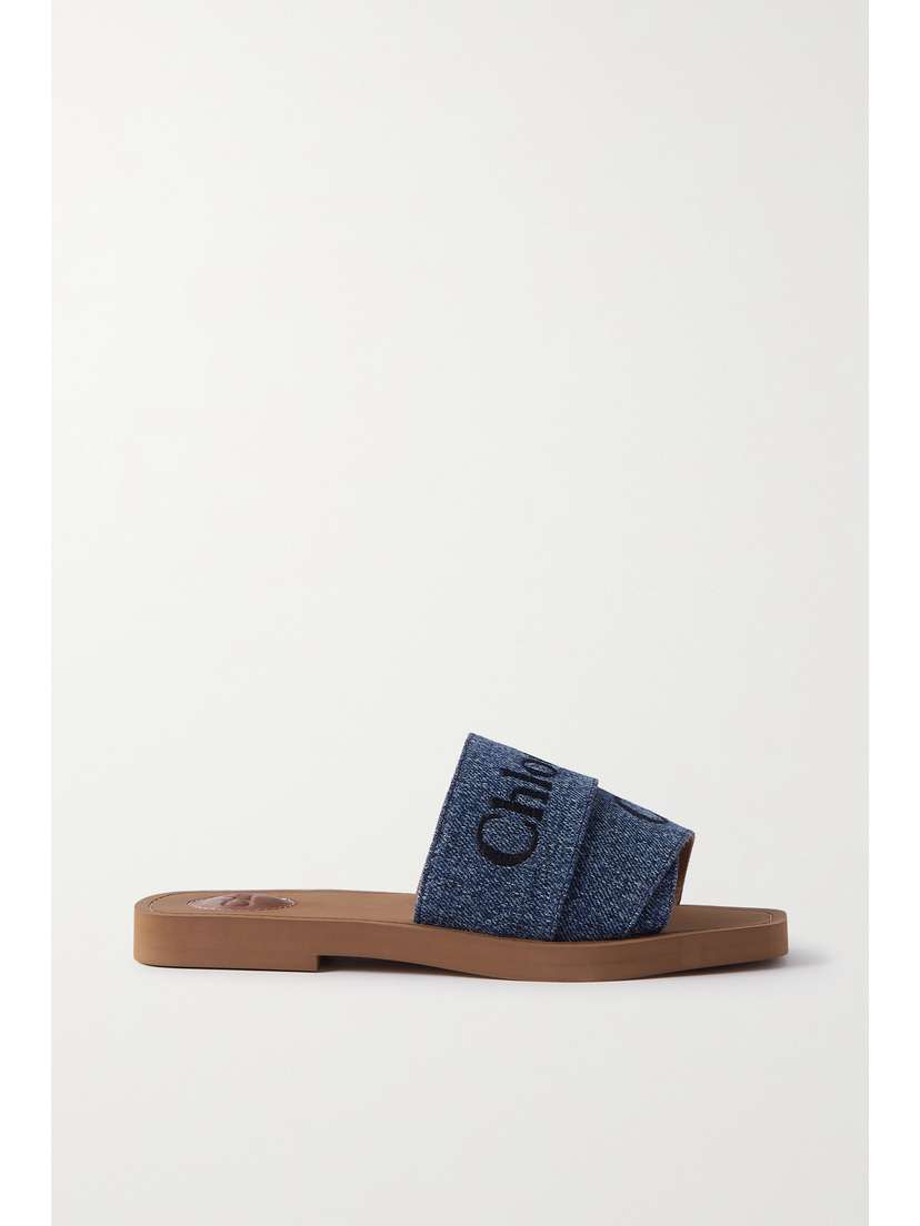 Chloé + Net Sustain Woody Embroidered Denim Slides
