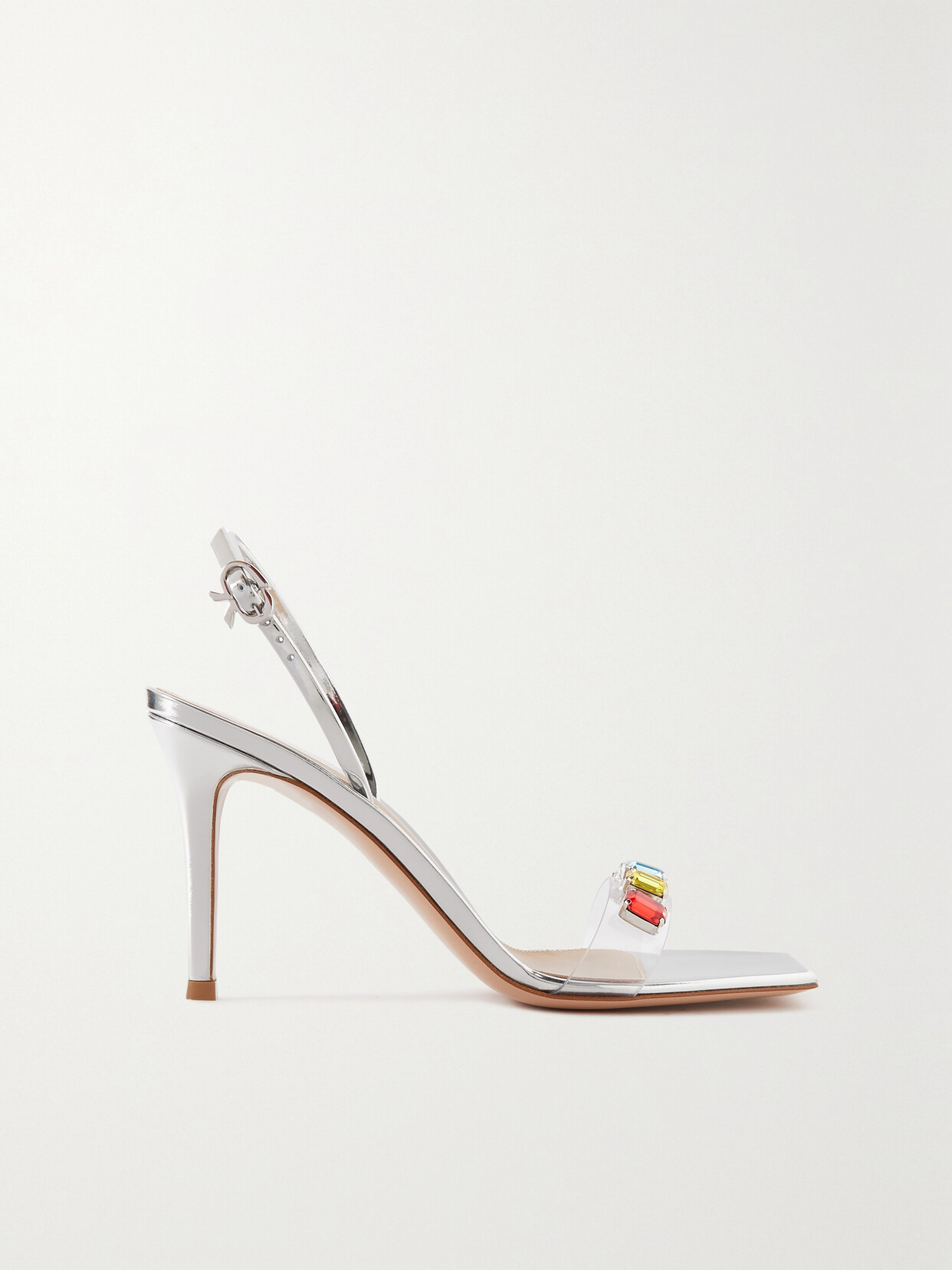 Gianvito Rossi Ribbon Candy 85 Mirrored-leather And Embellished Pvc Slingback Sandals In Silver