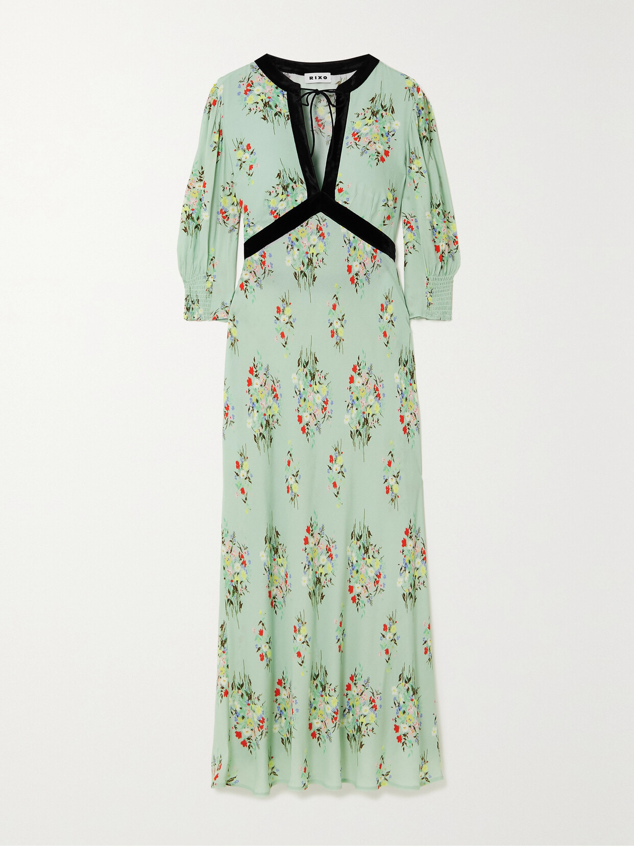 RIXO - Petra Velvet-trimmed Floral-print Crepe Midi Dress - Green