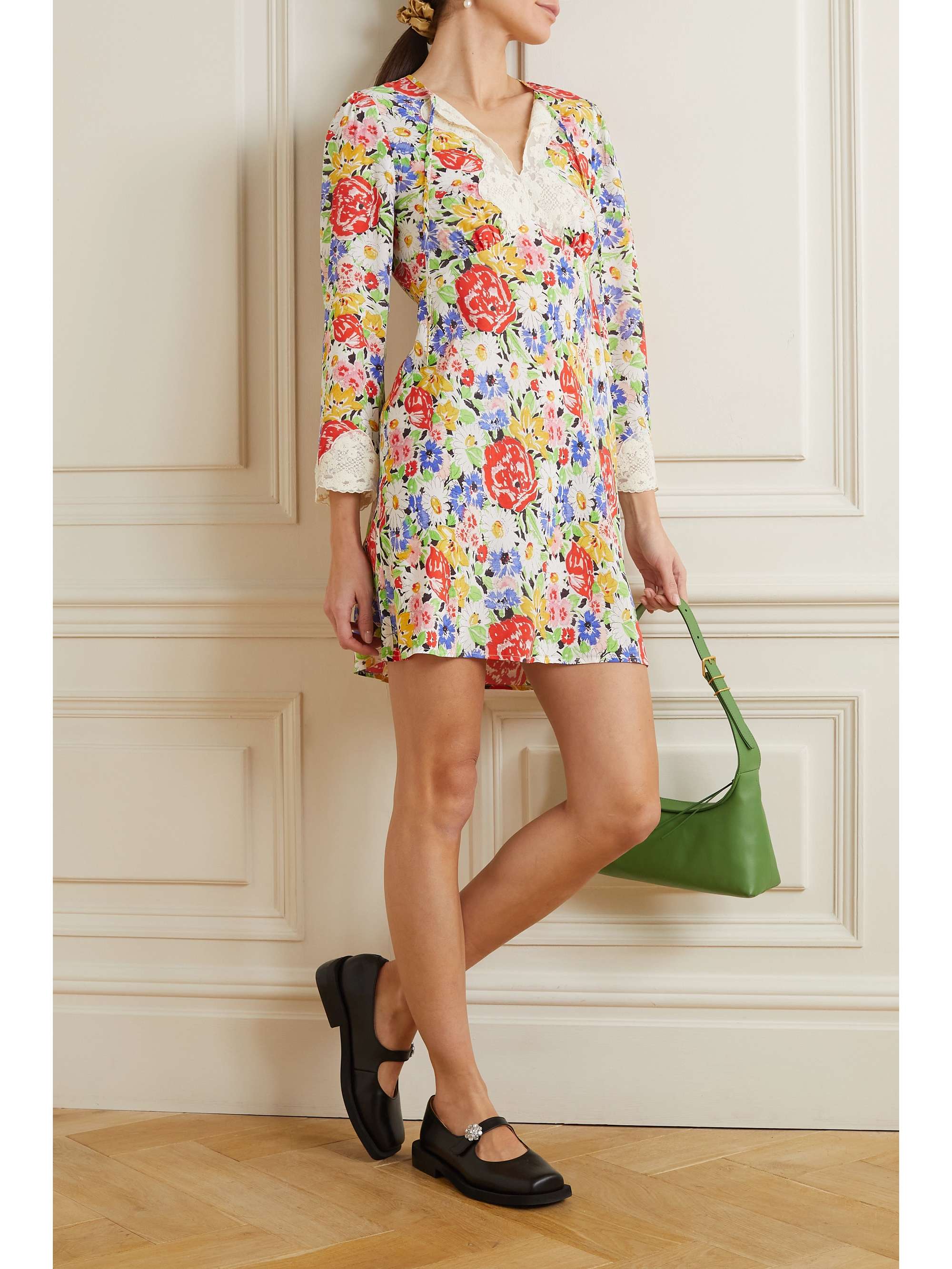 RIXO Abrielle lace-trimmed floral-print woven mini dress