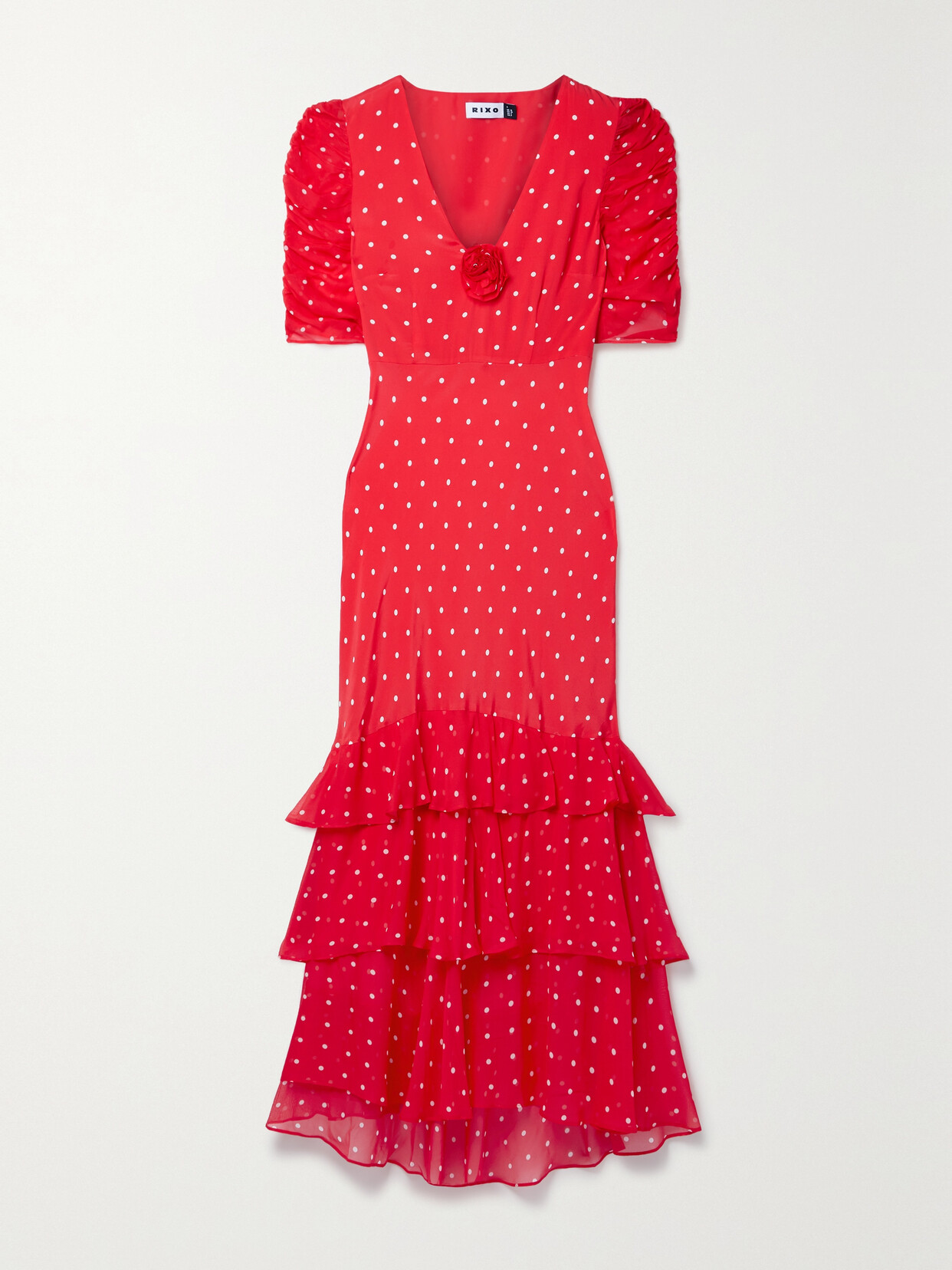 RIXO LONDON ROSHEEN RUFFLED TIERED POLKA-DOT CHIFFON MIDI DRESS