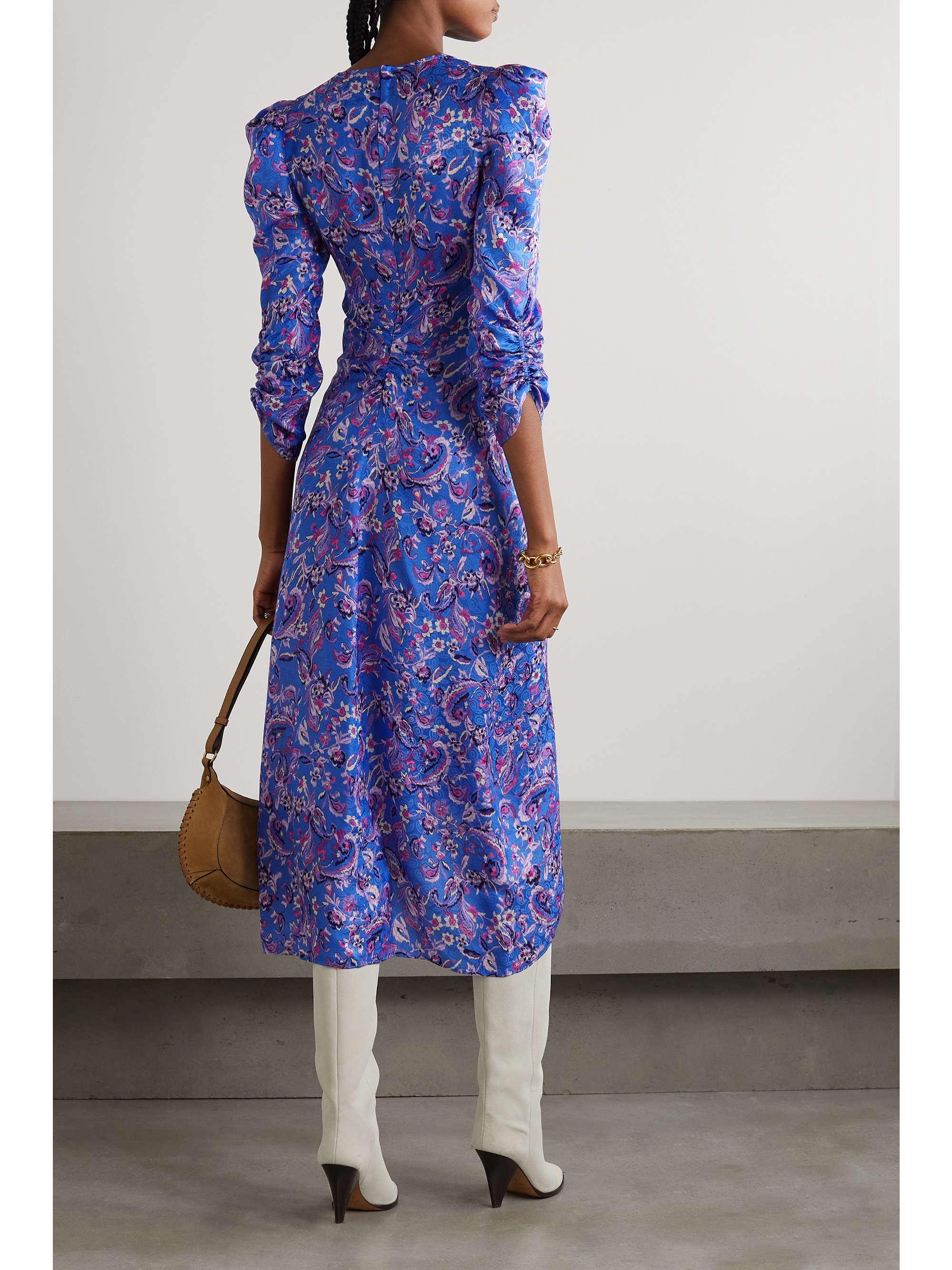 ISABEL MARANT Ruched printed satin-jacquard midi dress