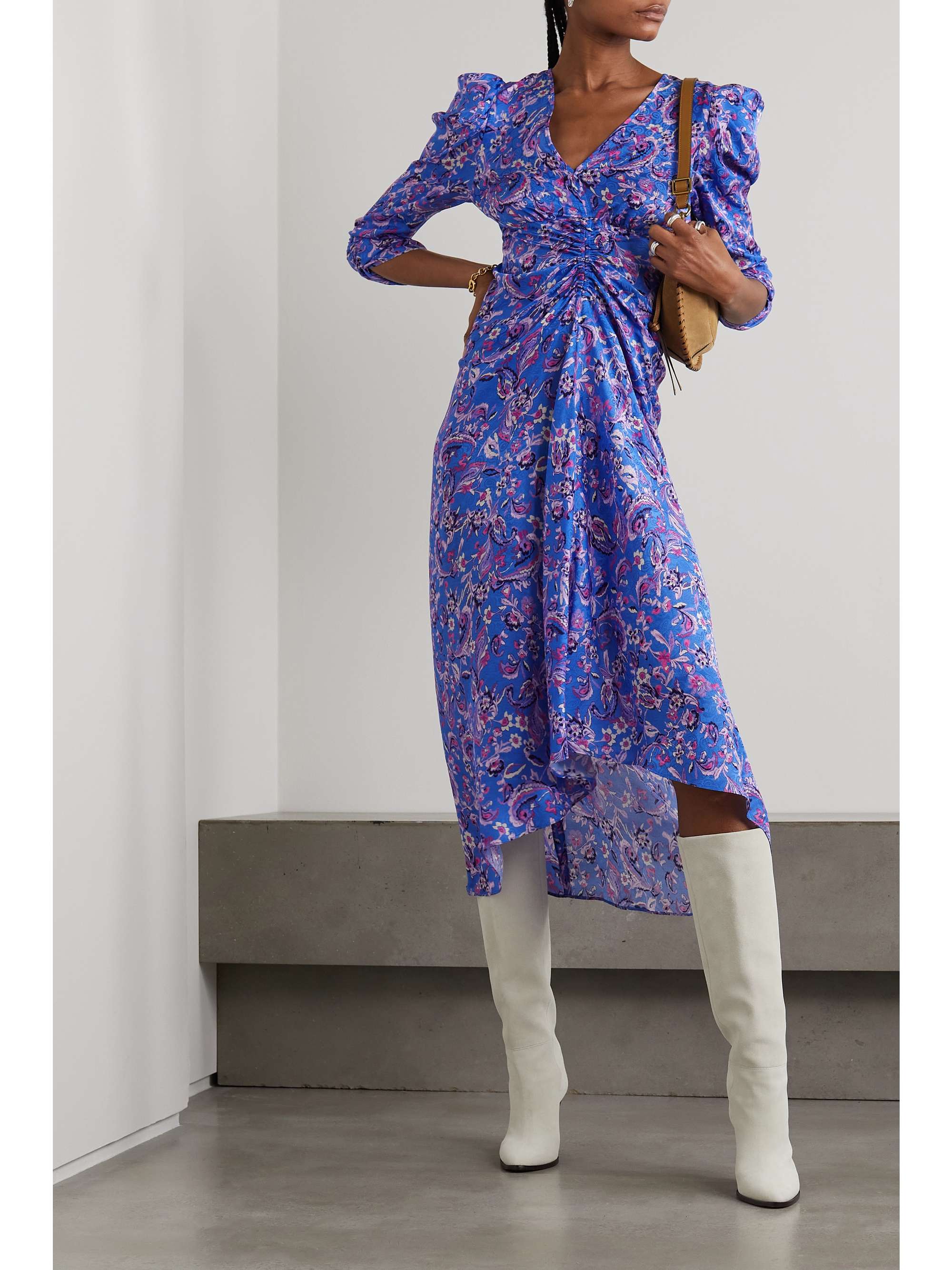 ISABEL MARANT Ruched printed satin-jacquard midi dress