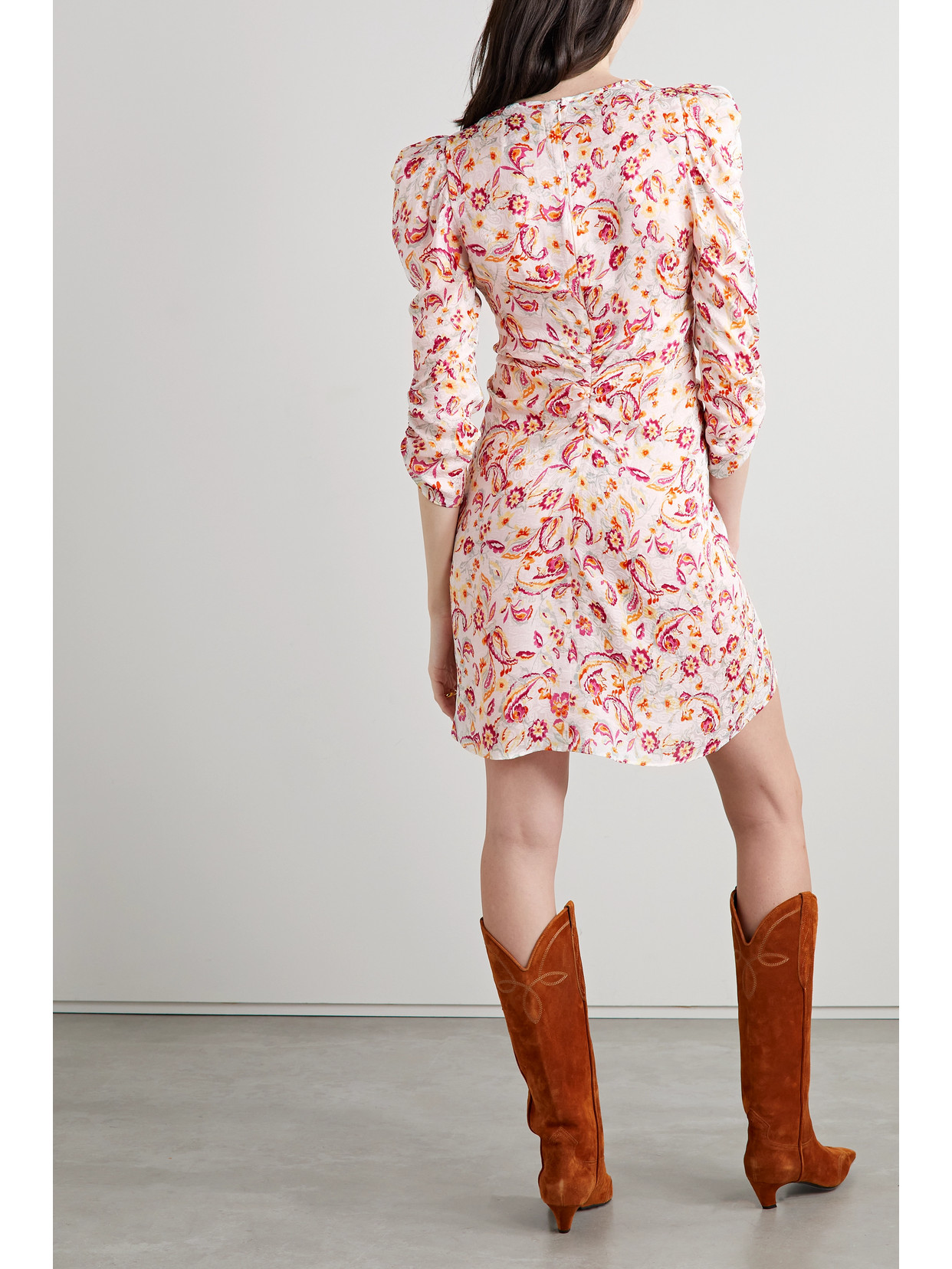 Isabel Marant Aliniza Ruched Floral-print Jacquard Mini Dress In Ecru