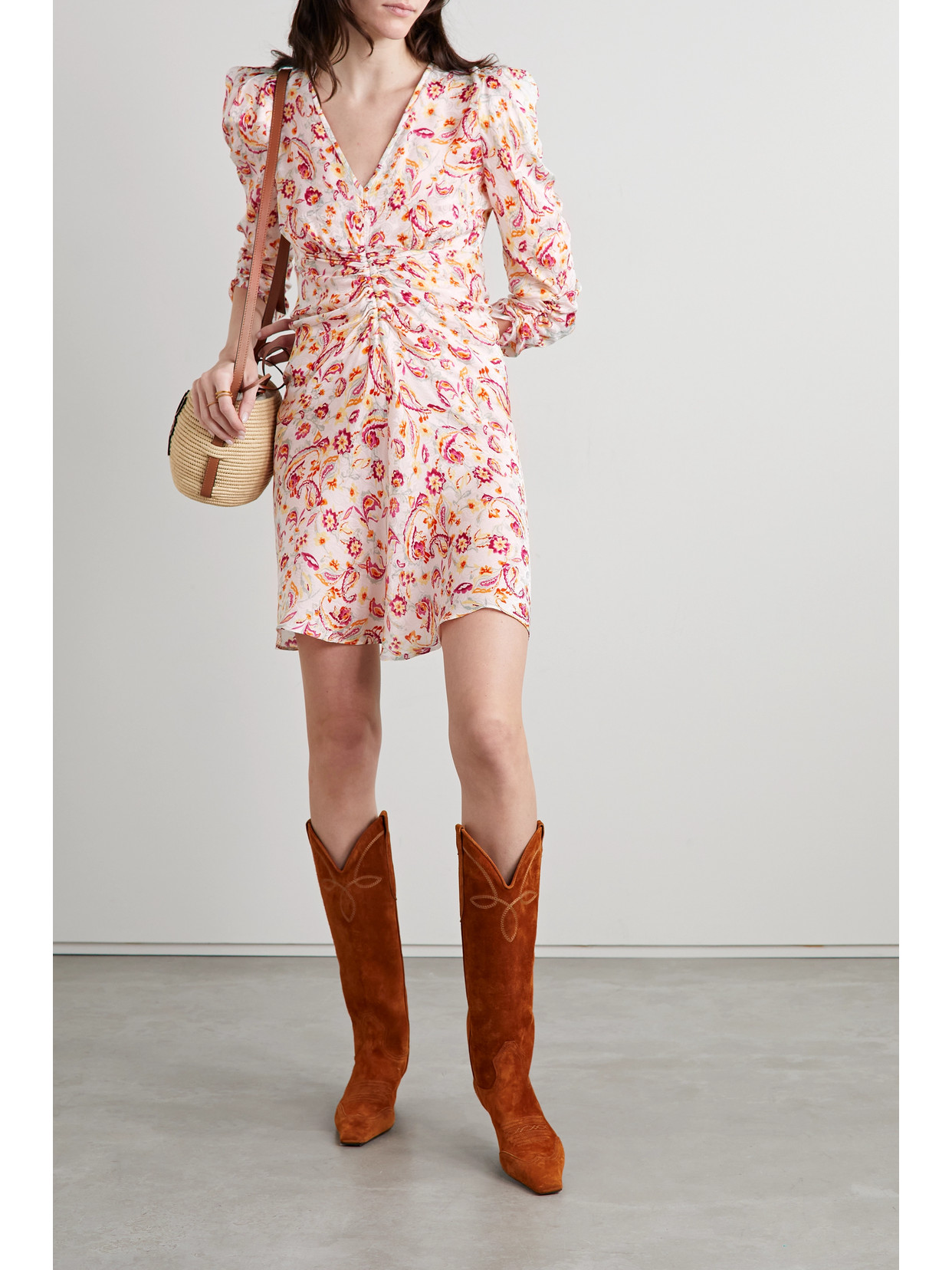 Isabel Marant Aliniza Ruched Floral-print Jacquard Mini Dress In Ecru