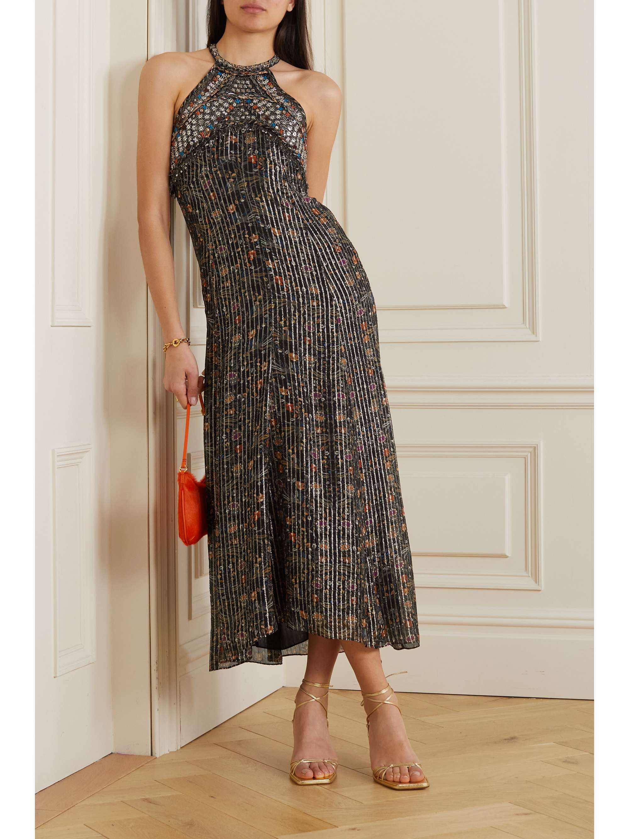 ISABEL MARANT Ophelie embellished metallic printed silk-blend chiffon midi dress