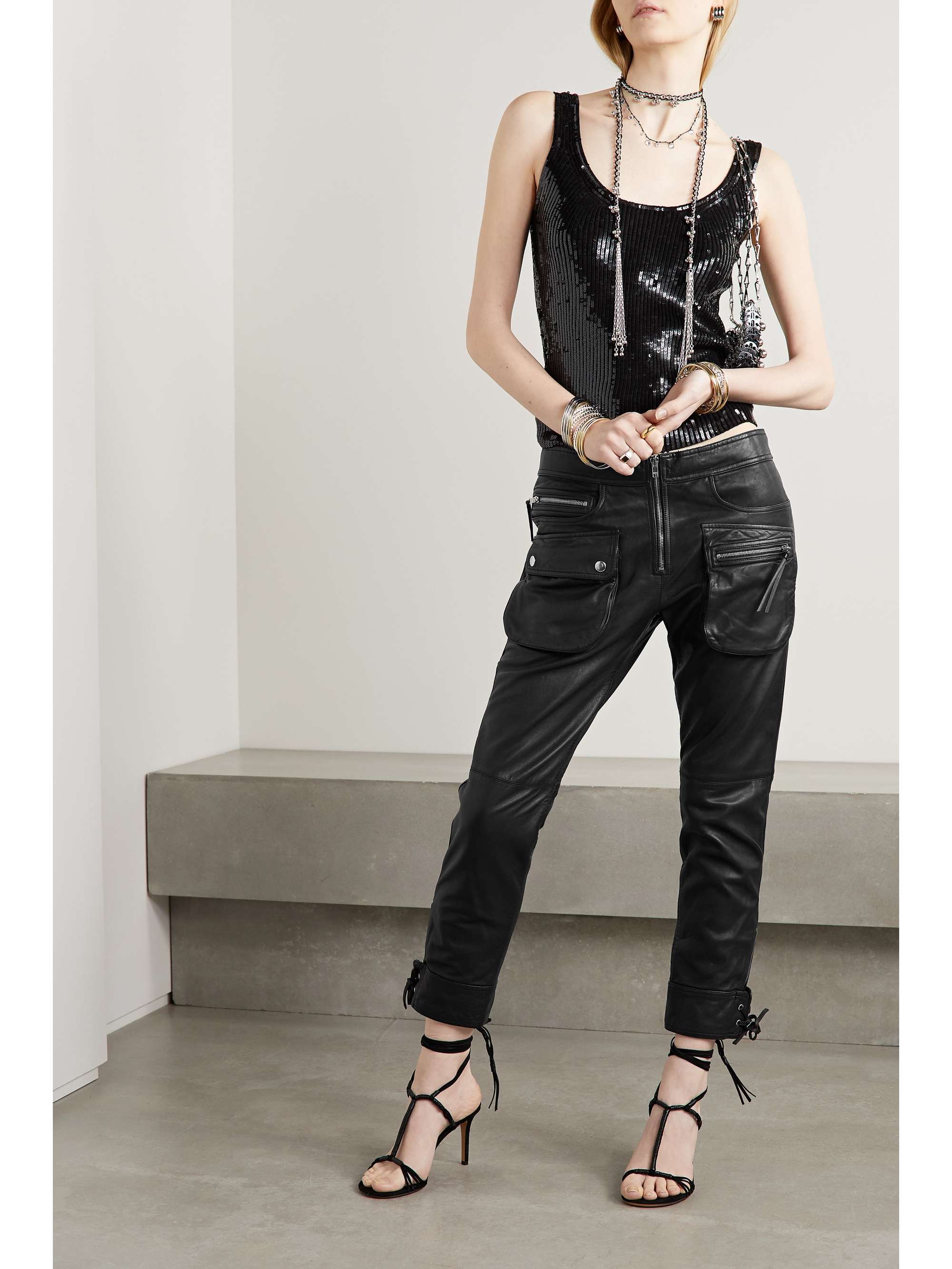 ISABEL MARANT Ciane cropped tie-detailed leather slim-leg pants