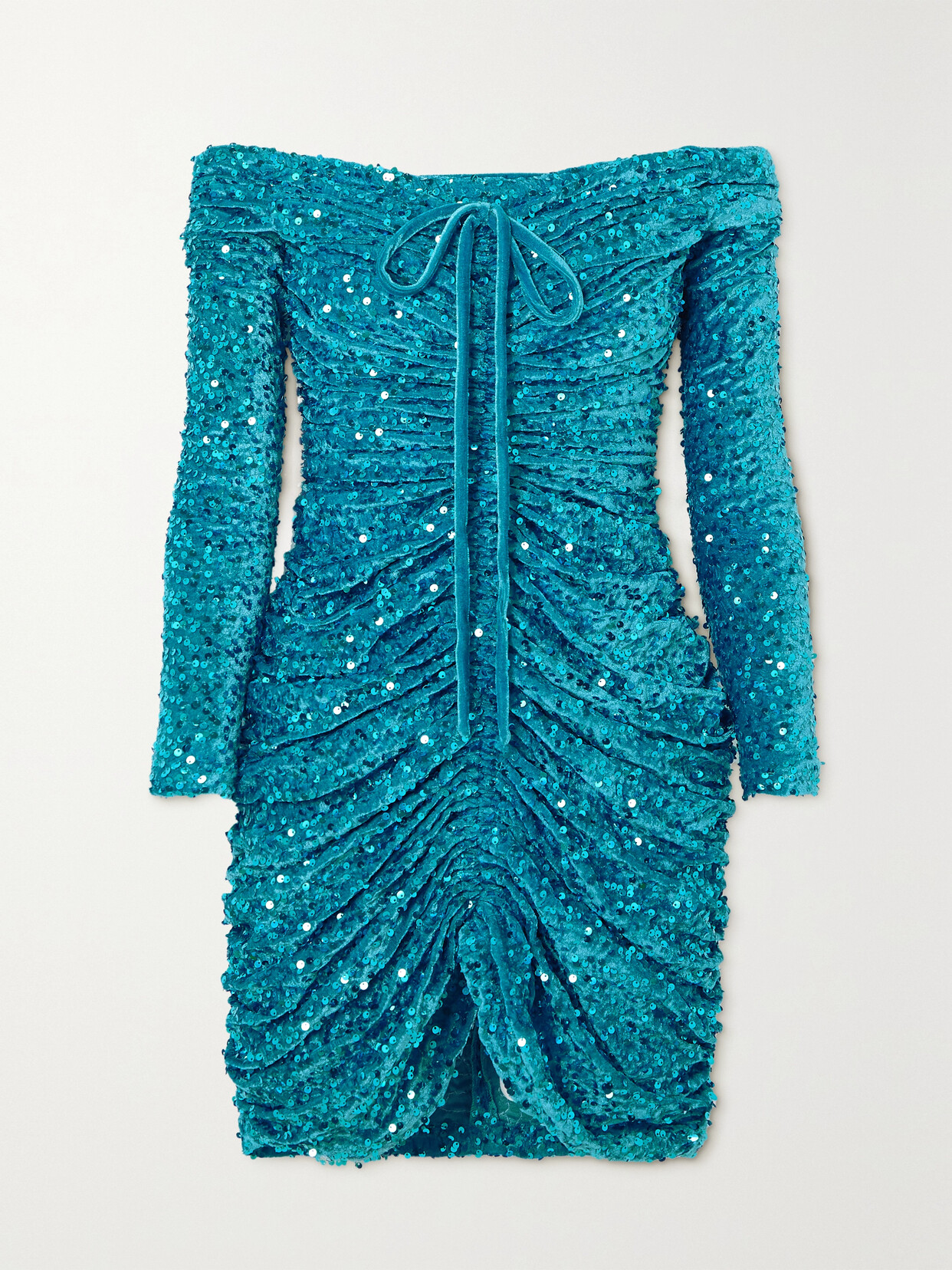 Richard Quinn - Ruched Off-the-shoulder Sequined Stretch-velvet Mini Dress - Blue