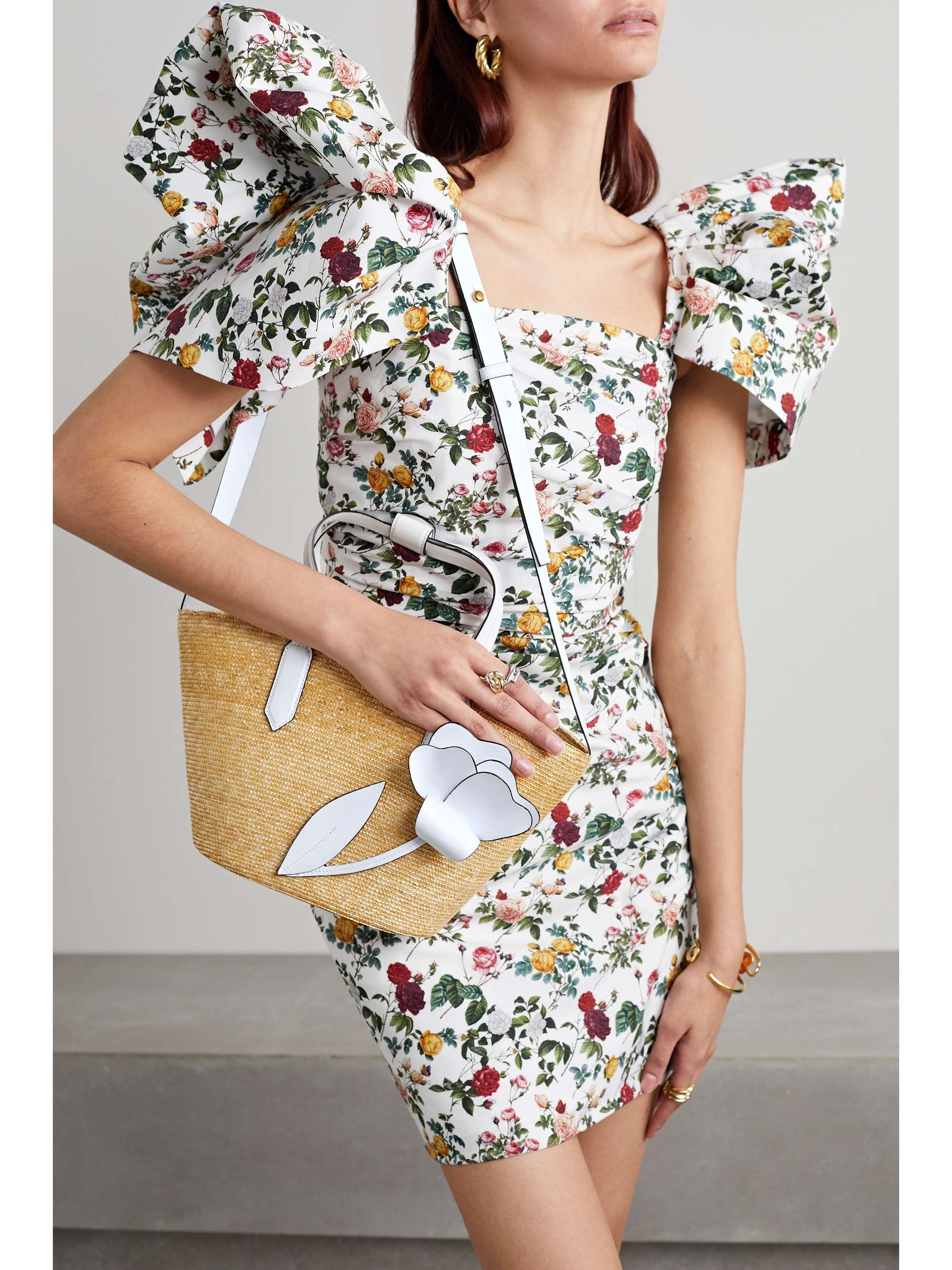 OSCAR DE LA RENTA Tulip small appliquéd leather-trimmed raffia tote