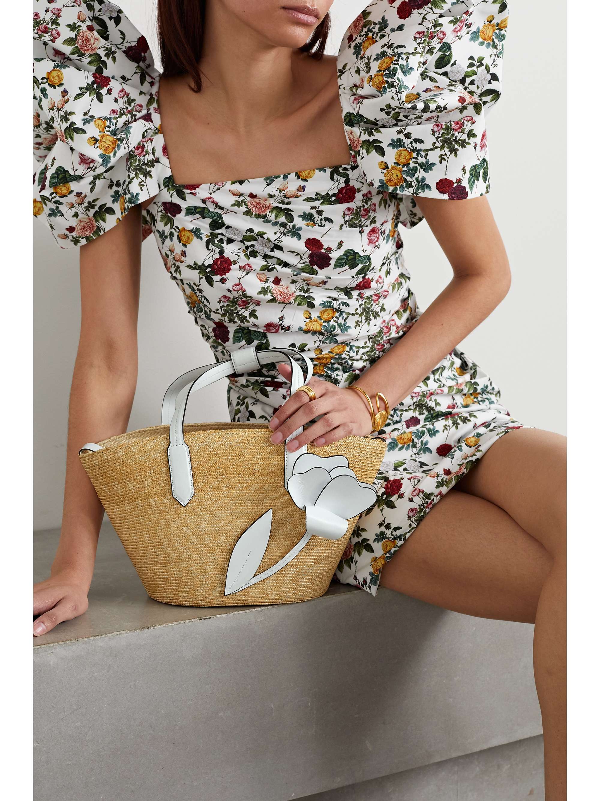OSCAR DE LA RENTA Tulip small appliquéd leather-trimmed raffia tote