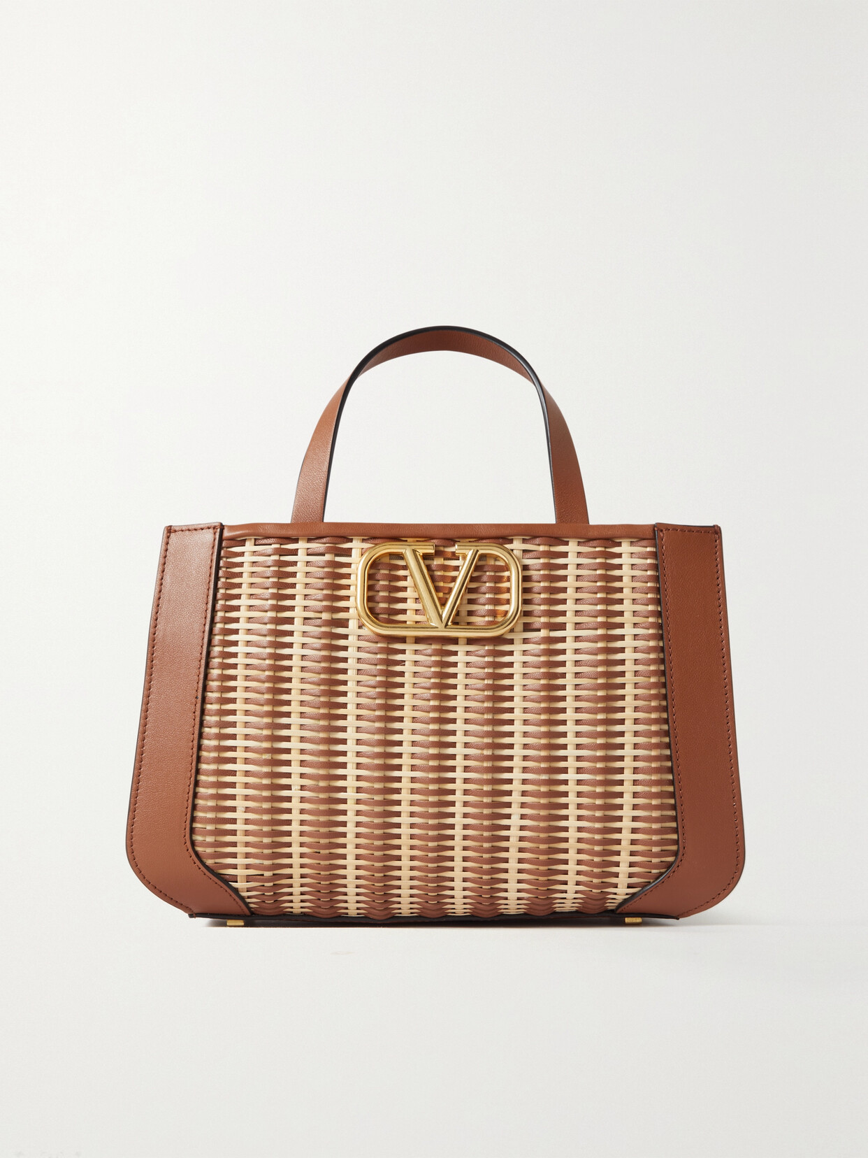 VALENTINO GARAVANI VLOGO SMALL EMBELLISHED RAFFIA AND LEATHER TOTE