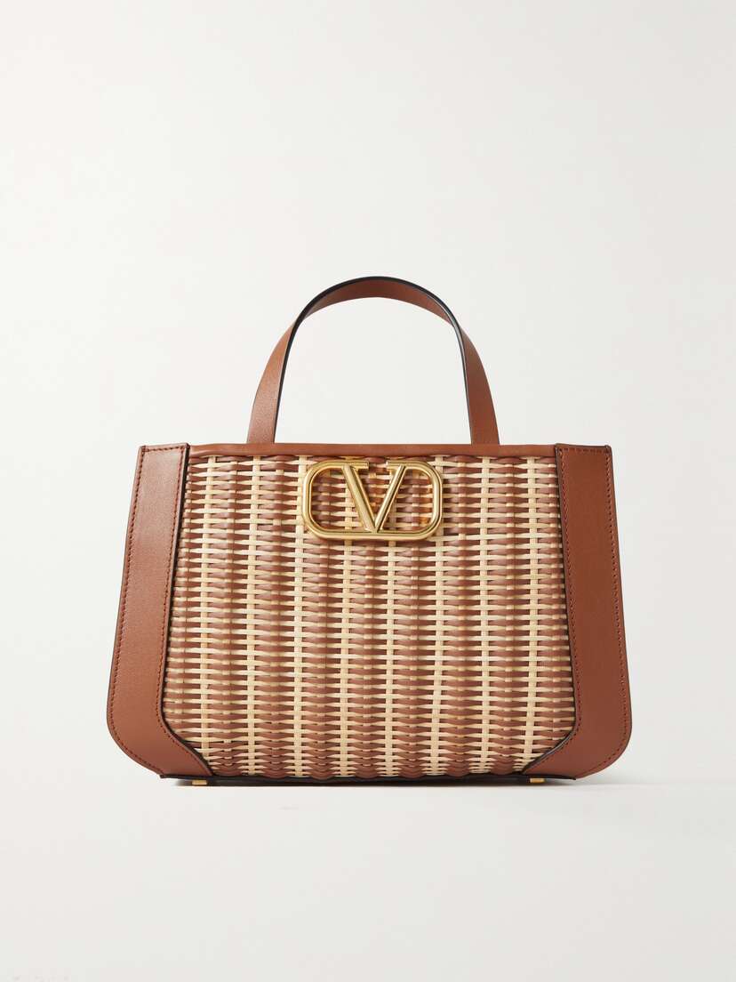 Valentino Garavani Vlogo Small Embellished Raffia And Leather Tote