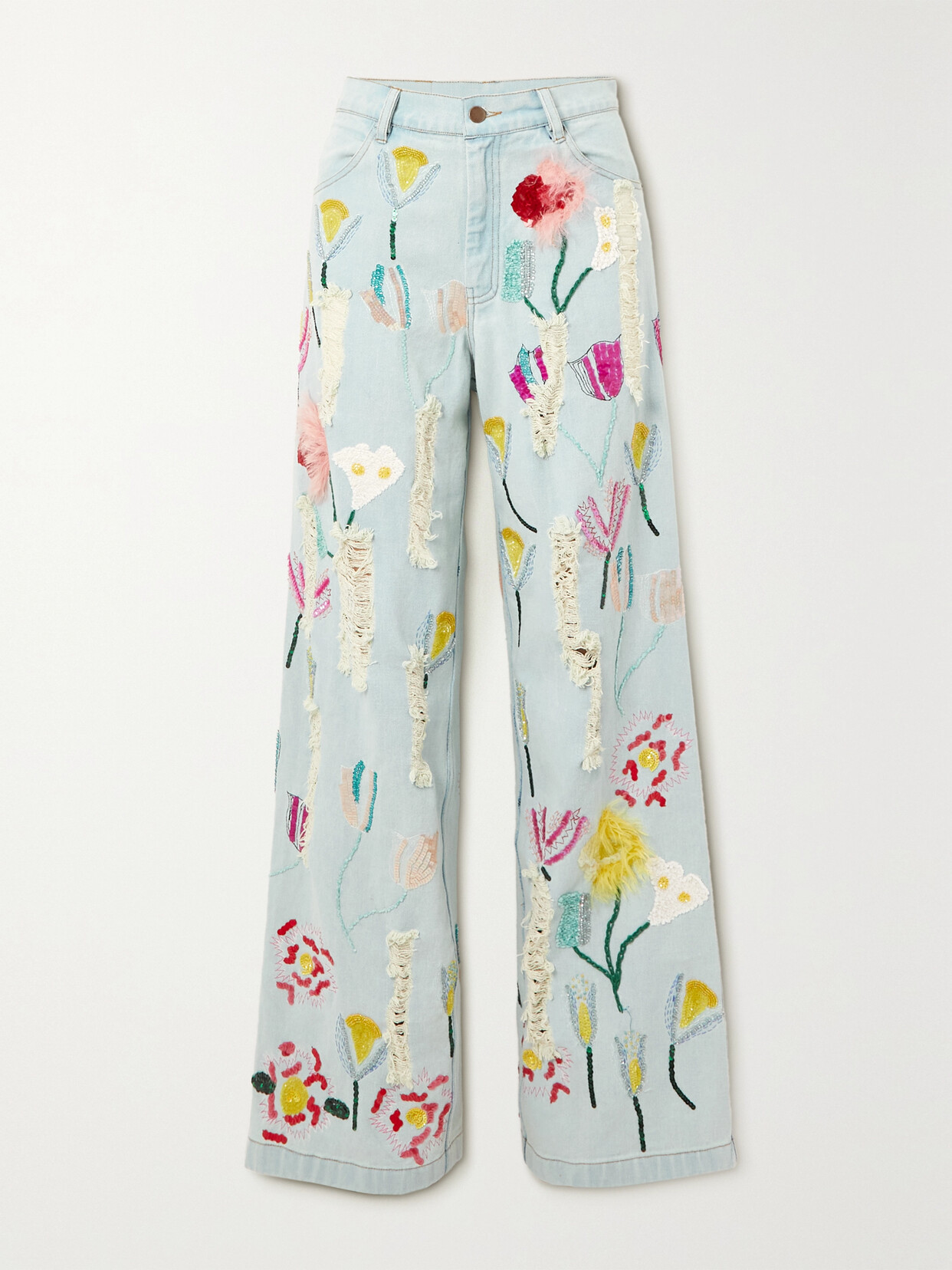 Ashish - Embellished Distressed Straight-leg Jeans - Blue