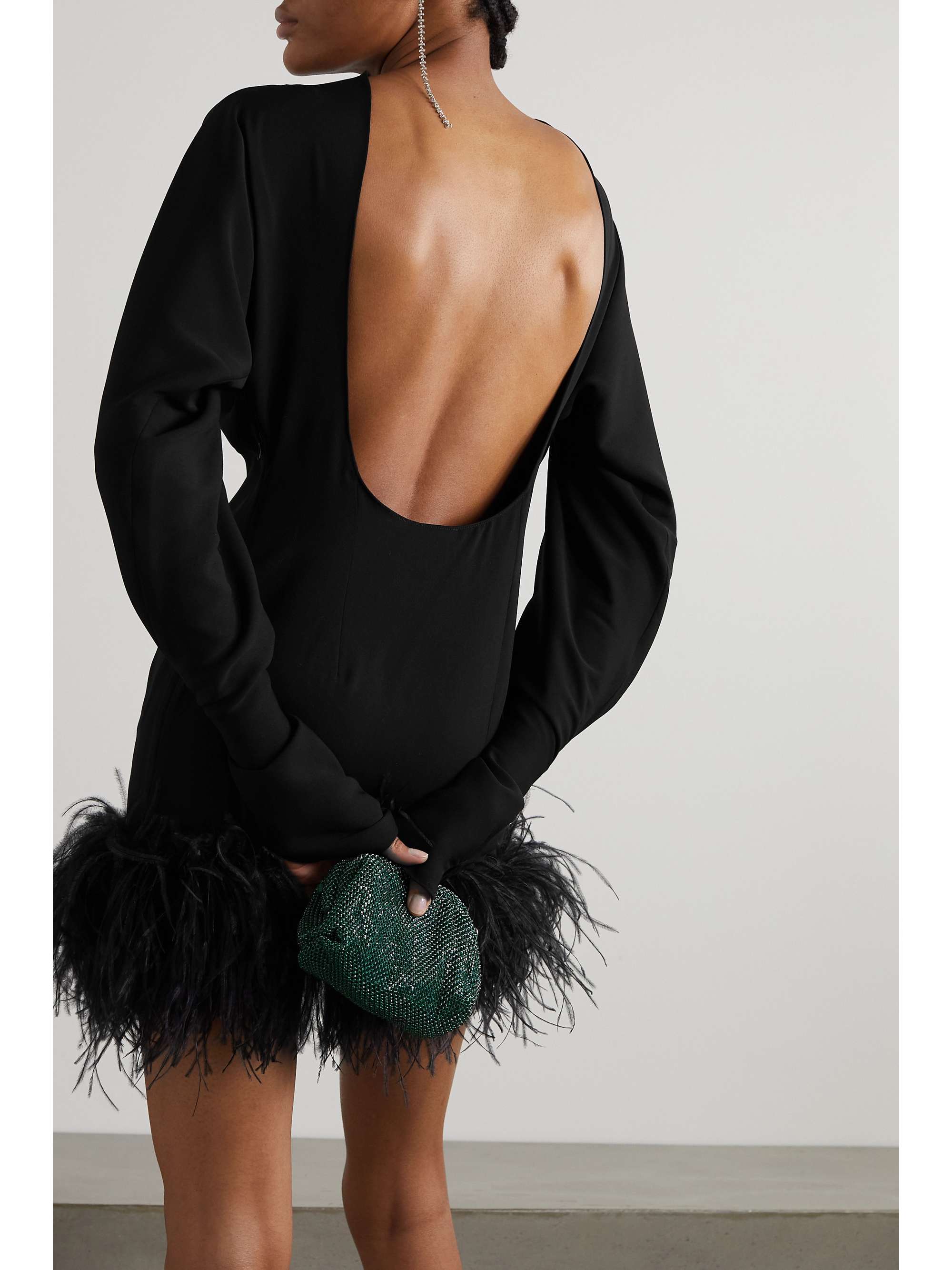 16ARLINGTON Flora open-back feather-trimmed crepe mini dress