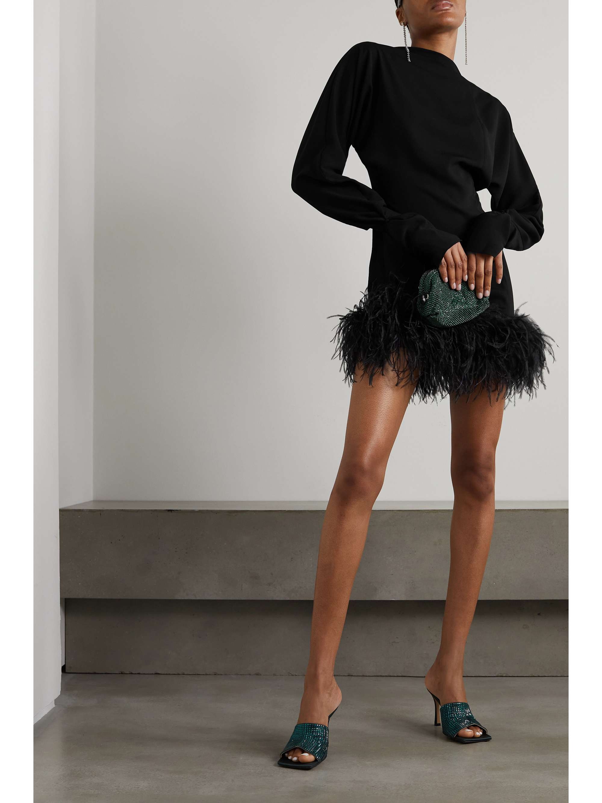 16ARLINGTON Flora open-back feather-trimmed crepe mini dress